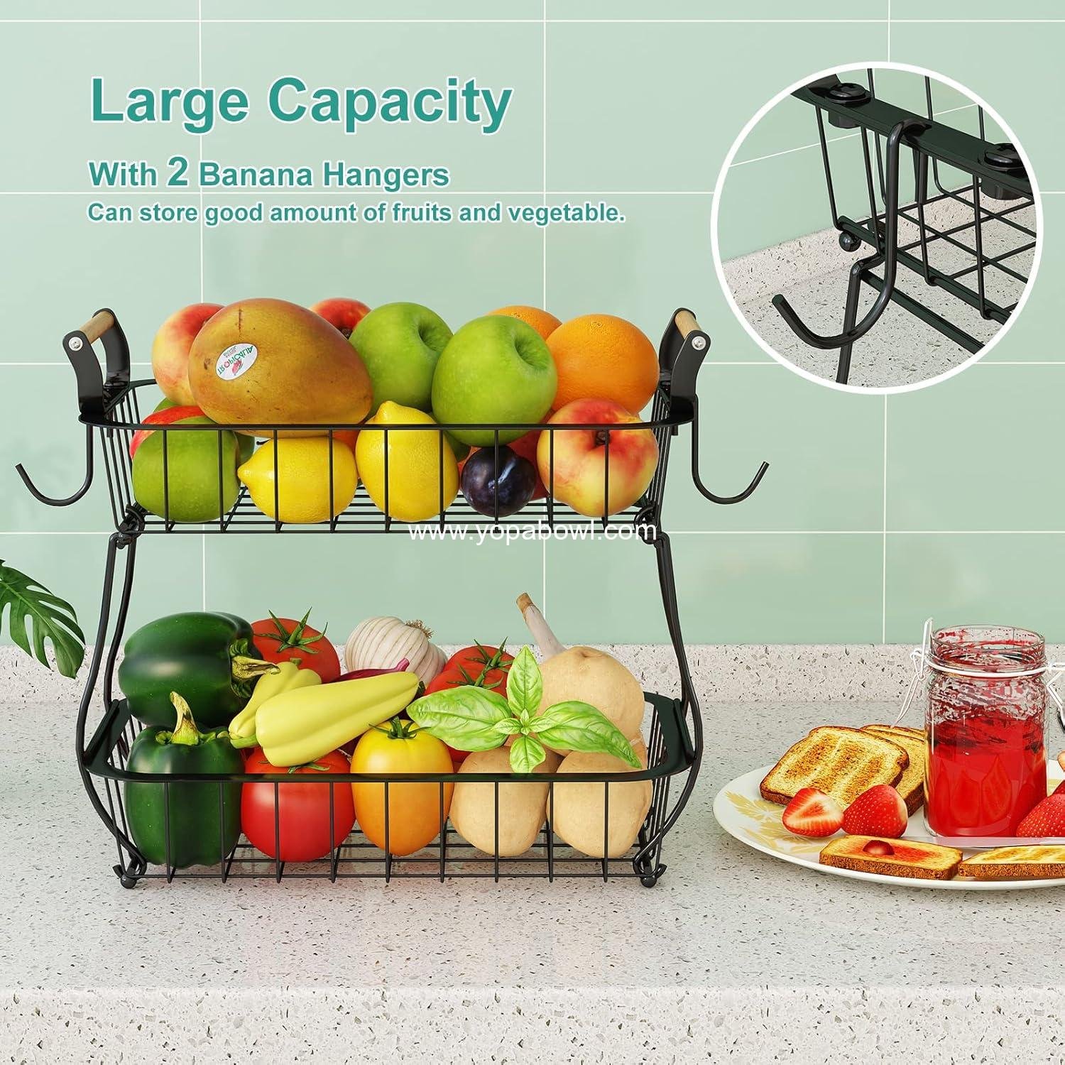 Wholesale 2 Tier Fruit Basket with 2 Banana Hangers, Countertop Vegetable Storage Bowl for Kitchen Counter, Metal Wire Organizer for Fruits, Bread, Snacks, and Veggies - Factory