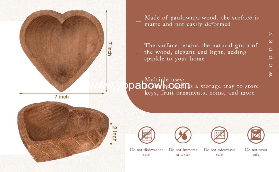 Wholesale 10 Pcs Wooden Dough Bowls - Hand Carved Heart Shaped Paulownia Serving Bowls for Home, 7 Inch for Bread, Fruits, Salad & Candle - Factory