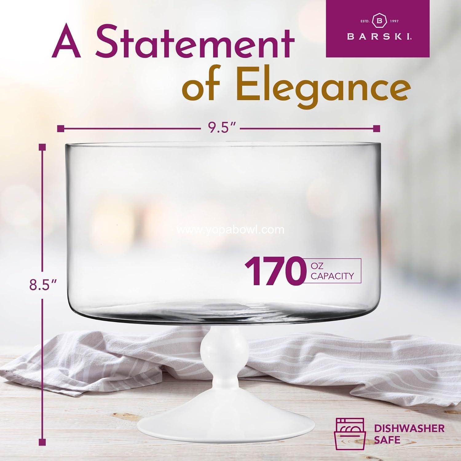 OEM Large 170 oz Glass Trifle Bowl on White Pedestal - 9.5 Inch Round Serving Dish for Layered Desserts, Fruits, and Salads - 5 Quarts Display Stand - Wholesale Factory