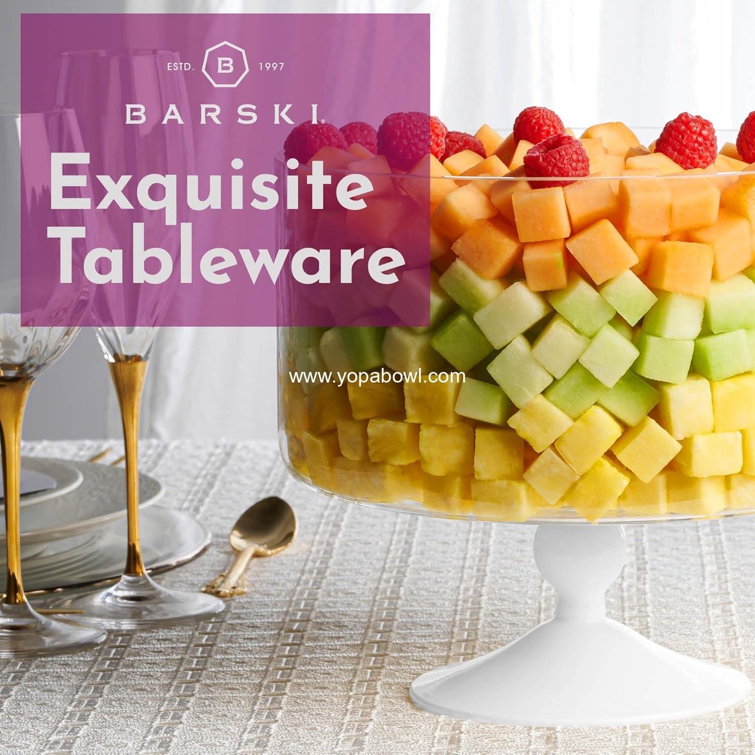 OEM Large 170 oz Glass Trifle Bowl on White Pedestal - 9.5 Inch Round Serving Dish for Layered Desserts, Fruits, and Salads - 5 Quarts Display Stand - Wholesale Factory