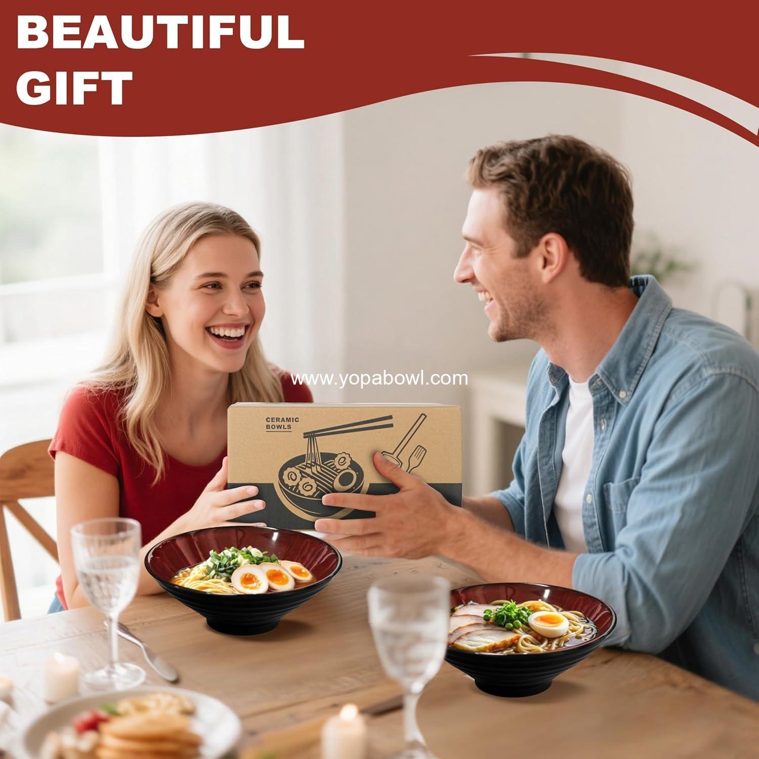 OEM 8-Inch Large Ceramic Ramen Bowls 2 Sets 8 Pieces Porcelain Dishwasher Microwave Safe for Noodles Pasta Soup Cereal Salad with Chopsticks Forks Spoons Housewarming Gift for Men Women supplier