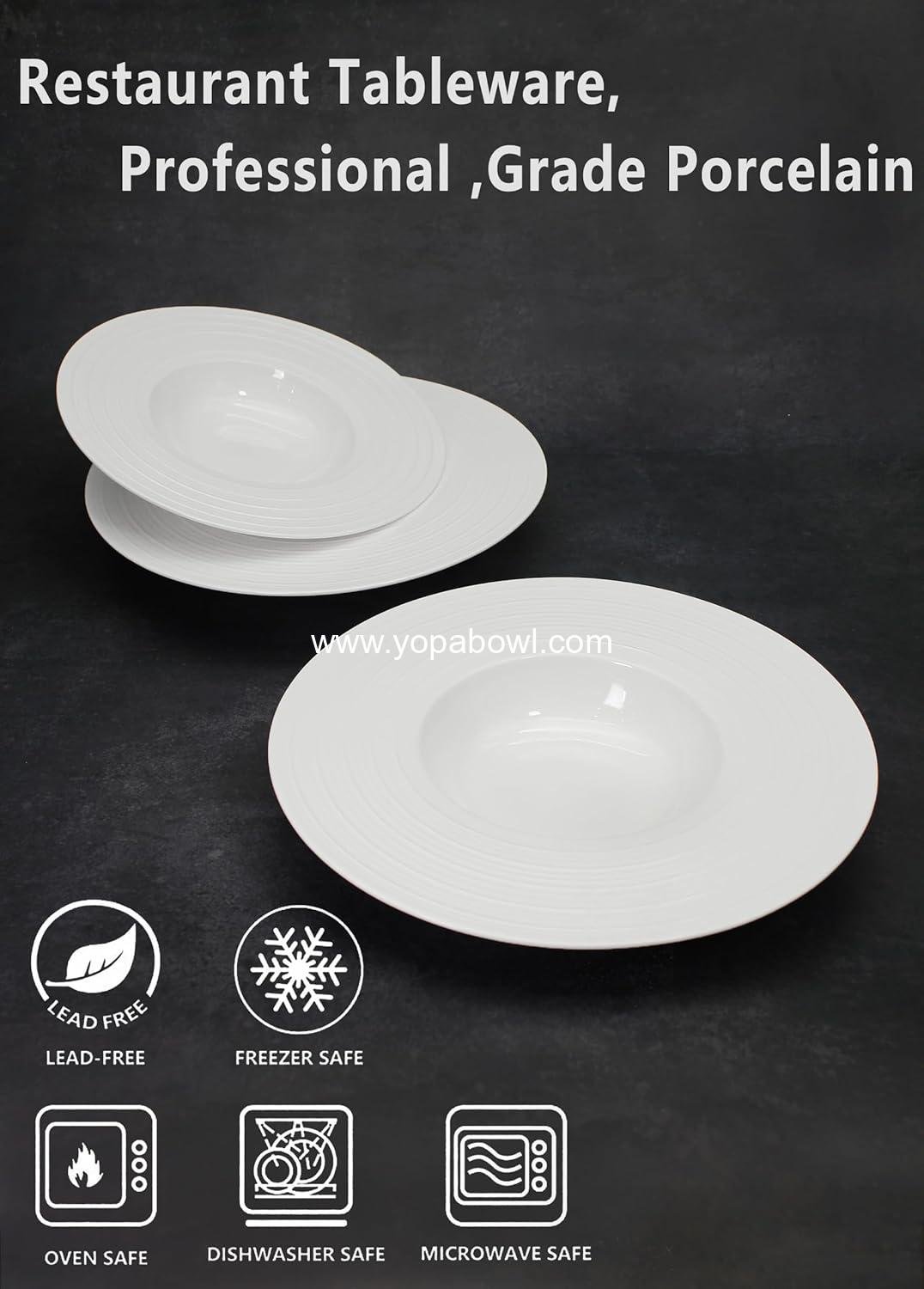 Wholesale Ceramic Wide Rimmed Soup Pasta Bowls 8 oz Set of 4 White Shallow Plates 9.6 Inch with Rim Ideal for Restaurants Hotels Foodies Factory