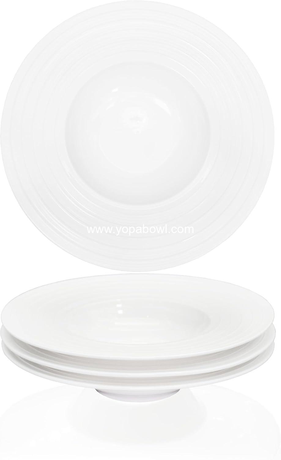 Ceramic Wide Rimmed Soup Plate, Soup Bowl 8 oz, Pasta Bowl Set of 4, White Shallow Bowl Plate with Rim, Best choice for high-end restaurants, hotels, and foodies, 9.6 Inch Coil relief