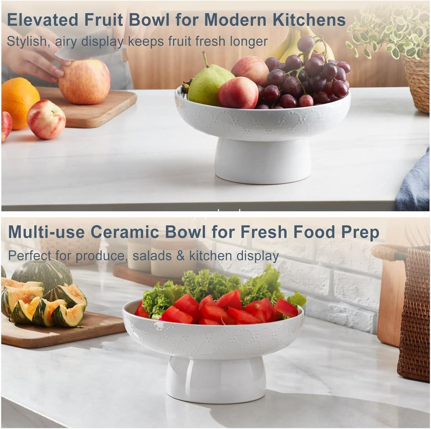 OEM 10-Inch Large Ceramic Fruit Bowl White Removable Pedestal Design for Kitchen Counter Modern Footed with Draining Holes Decorative for Vegetables Snacks Candies Factory