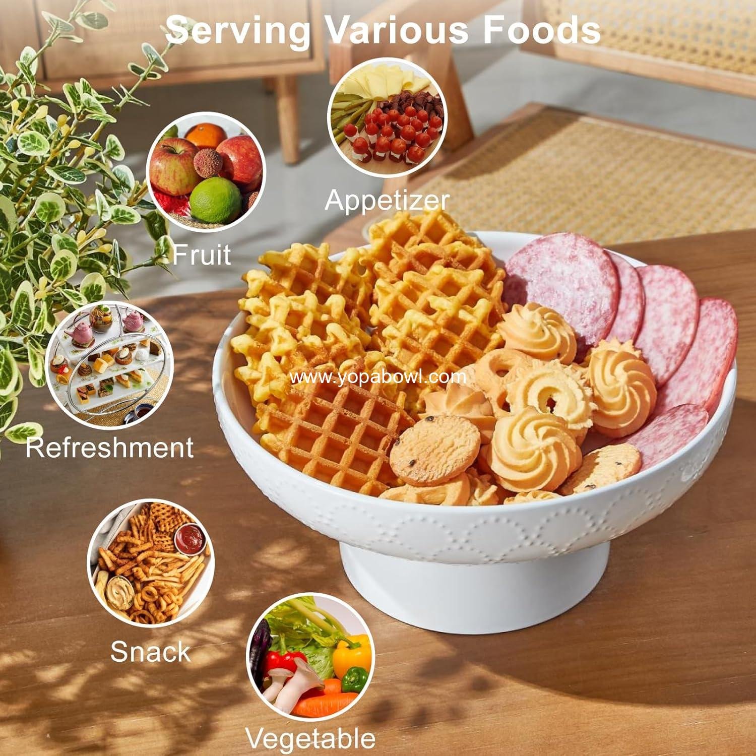 OEM 10-Inch Large Ceramic Fruit Bowl White Removable Pedestal Design for Kitchen Counter Modern Footed with Draining Holes Decorative for Vegetables Snacks Candies Factory