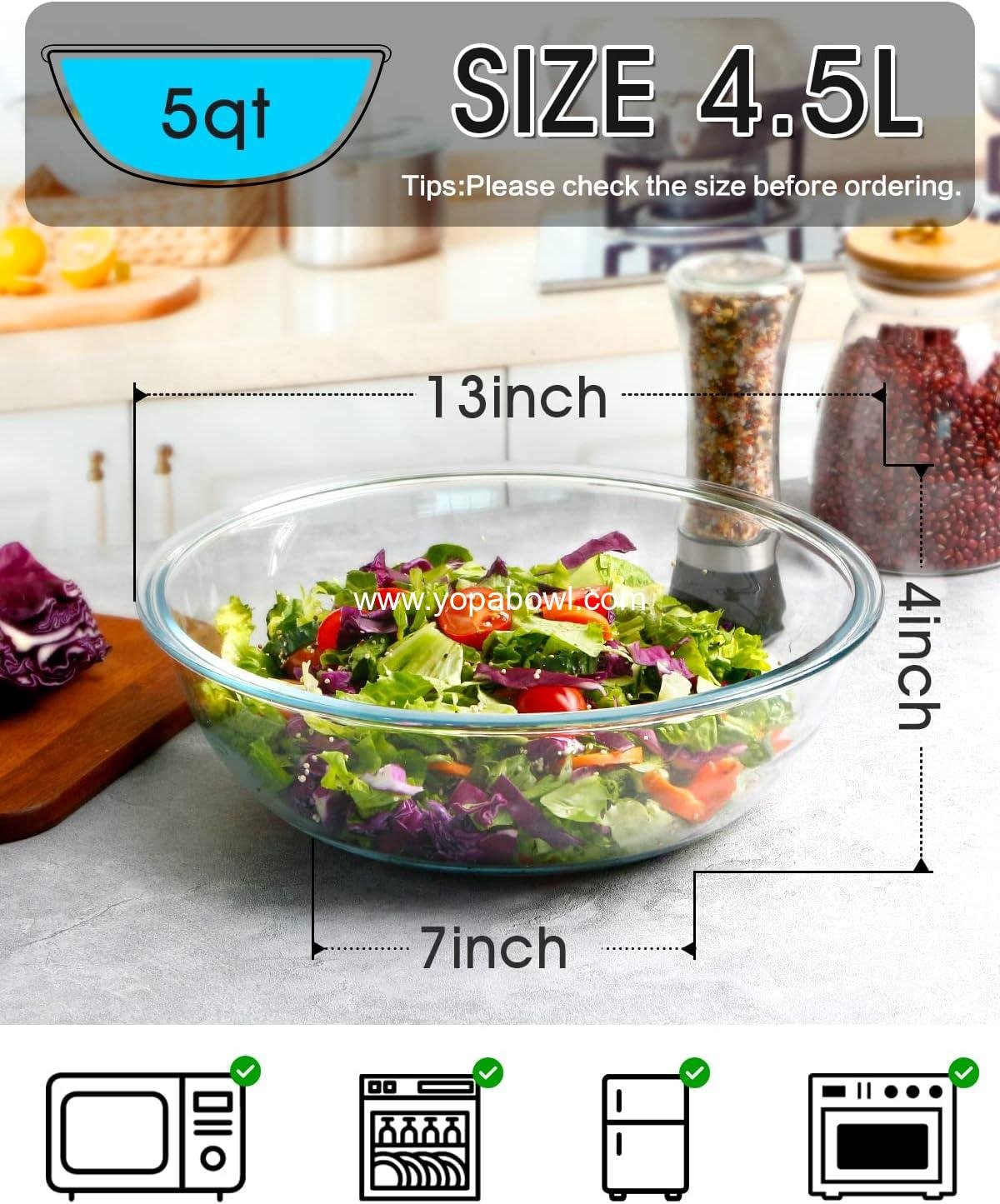 OEM 5QT 13 Inch Large Tempered Glass Salad Mixing Bowl Shallow Flat Bottom for Prepping Storage Sourdough Factory