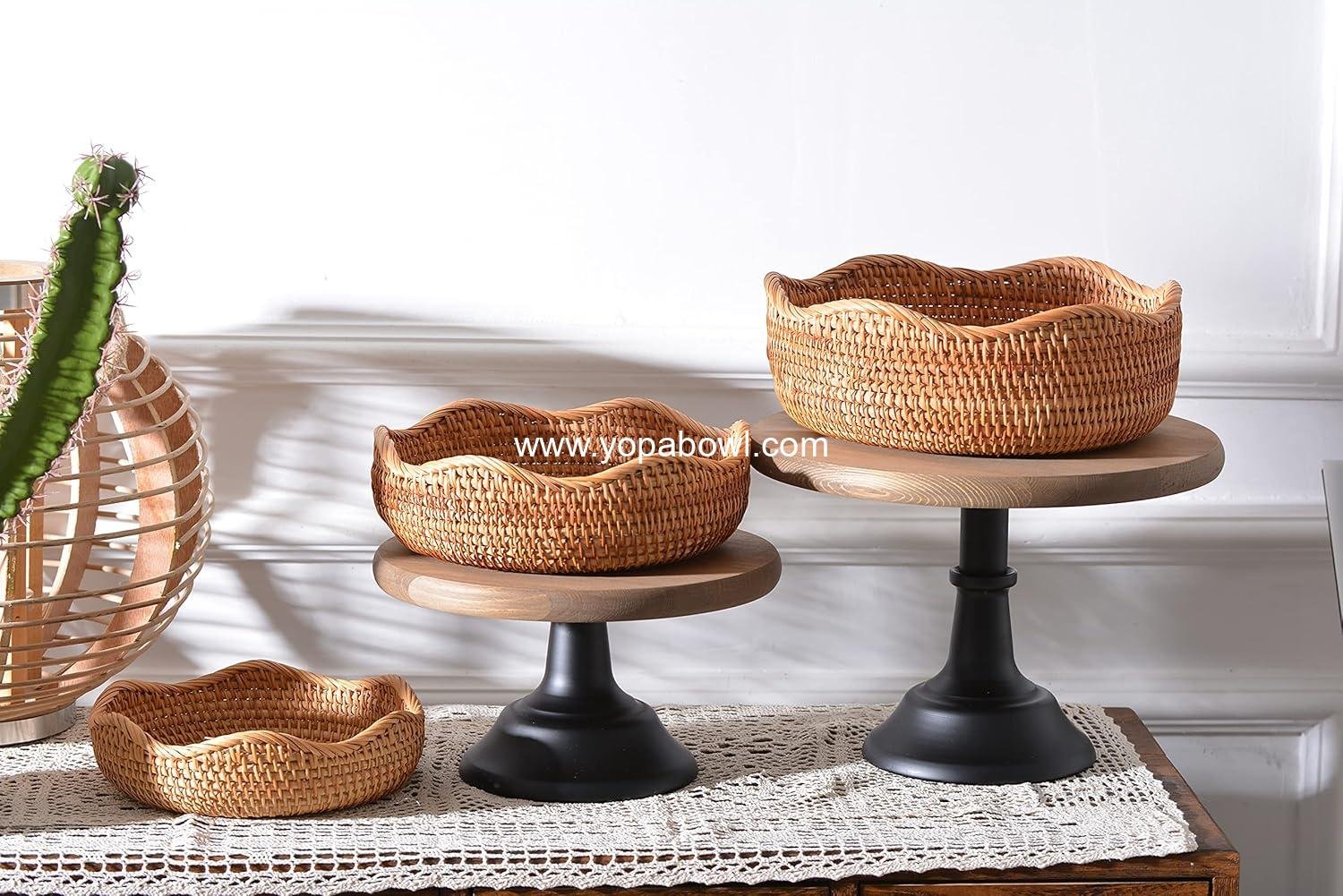 OEM Rattan Round Woven Baskets for Bread Fruit Snacks Vegetables Storage Key Holder Stackable Natural Set of 3 Factory
