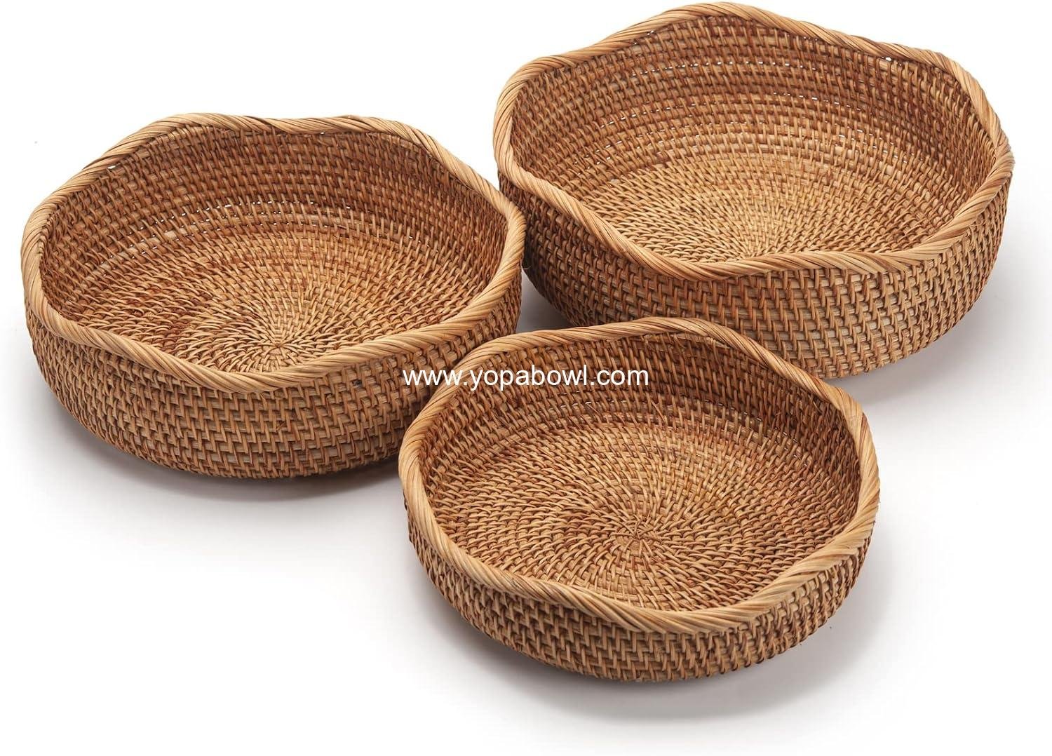 Rattan Bread Baskets Round Woven Fruit Bowls Key Holders Stackable for Storage, Snack, Fruit, Vegetable Natural Set of 3