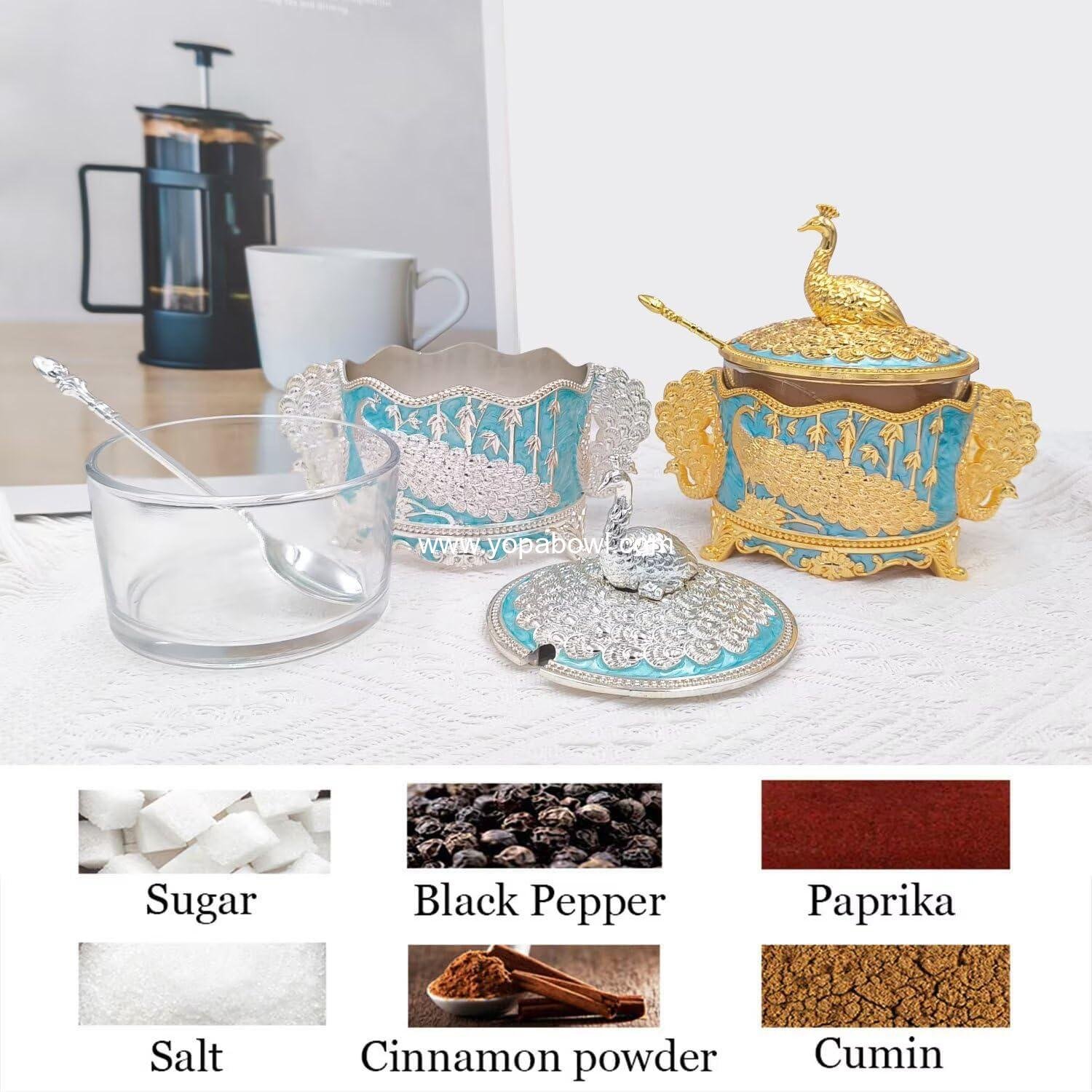 OEM 7 oz Decorative Sugar Container with Lid and Spoon Metal Glass Bowl for Coffee Bar Kitchen Storage Home Decor Salt Spice Housewarming Gift Gold Factory