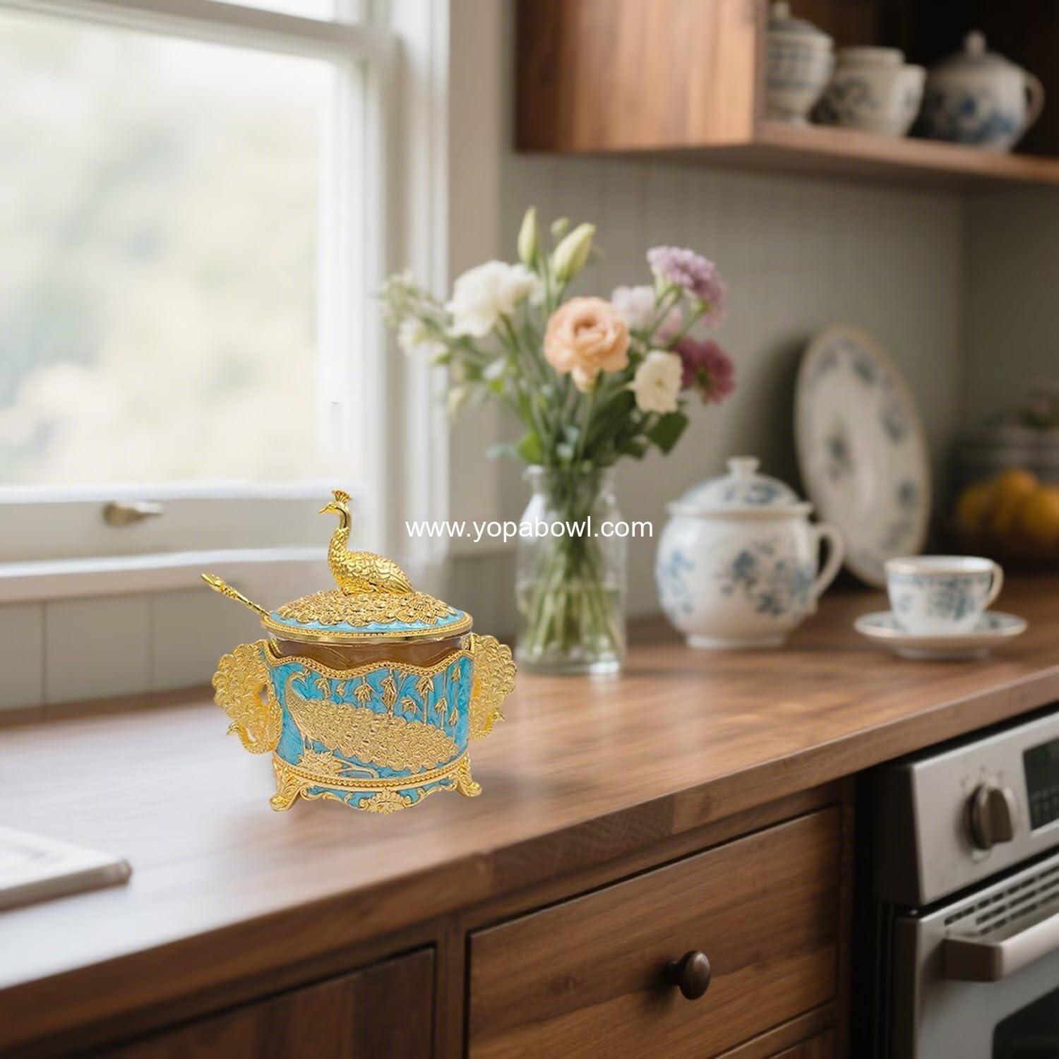 OEM 7 oz Decorative Sugar Container with Lid and Spoon Metal Glass Bowl for Coffee Bar Kitchen Storage Home Decor Salt Spice Housewarming Gift Gold Factory