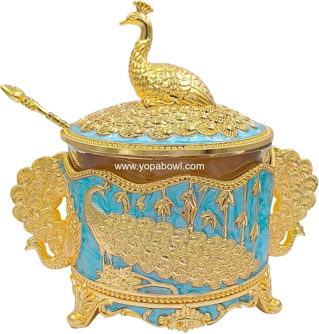 Hourwof Decorative Sugar Container with Lid and Spoon,7 oz Metal and Glass Sugar Bowl for Coffee Bar Kitchen Home Decor,Kitchen Storage for Salt and Spice,Housewarming Gift,Gold