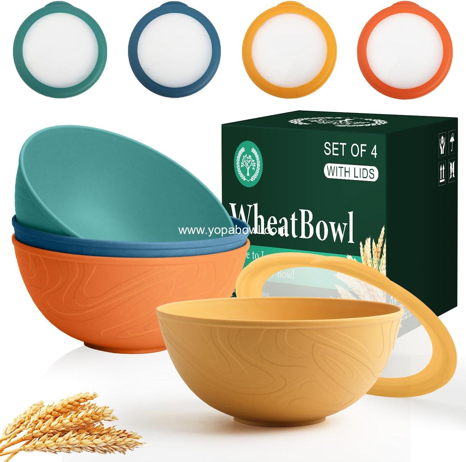 Homienly Wheat Straw Bowls 40 OZ Cereal Bowls with Lids 4 Sets Plastic Soup Bowl Alternatives Salad Container for Lunch Microwave Safe Bowls for Kitchen, RV, Camping, Parties, Dishwasher Safe, Multi