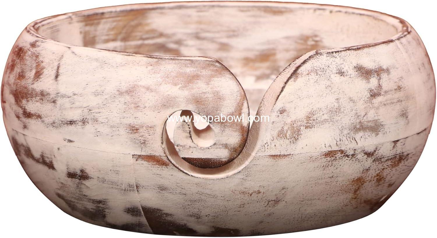 IK Decors Mango Wood Handmade Yarn Bowl with Craved Hole Anti-Slip Design Wool Storage Crocheting Thread Bowl (White)