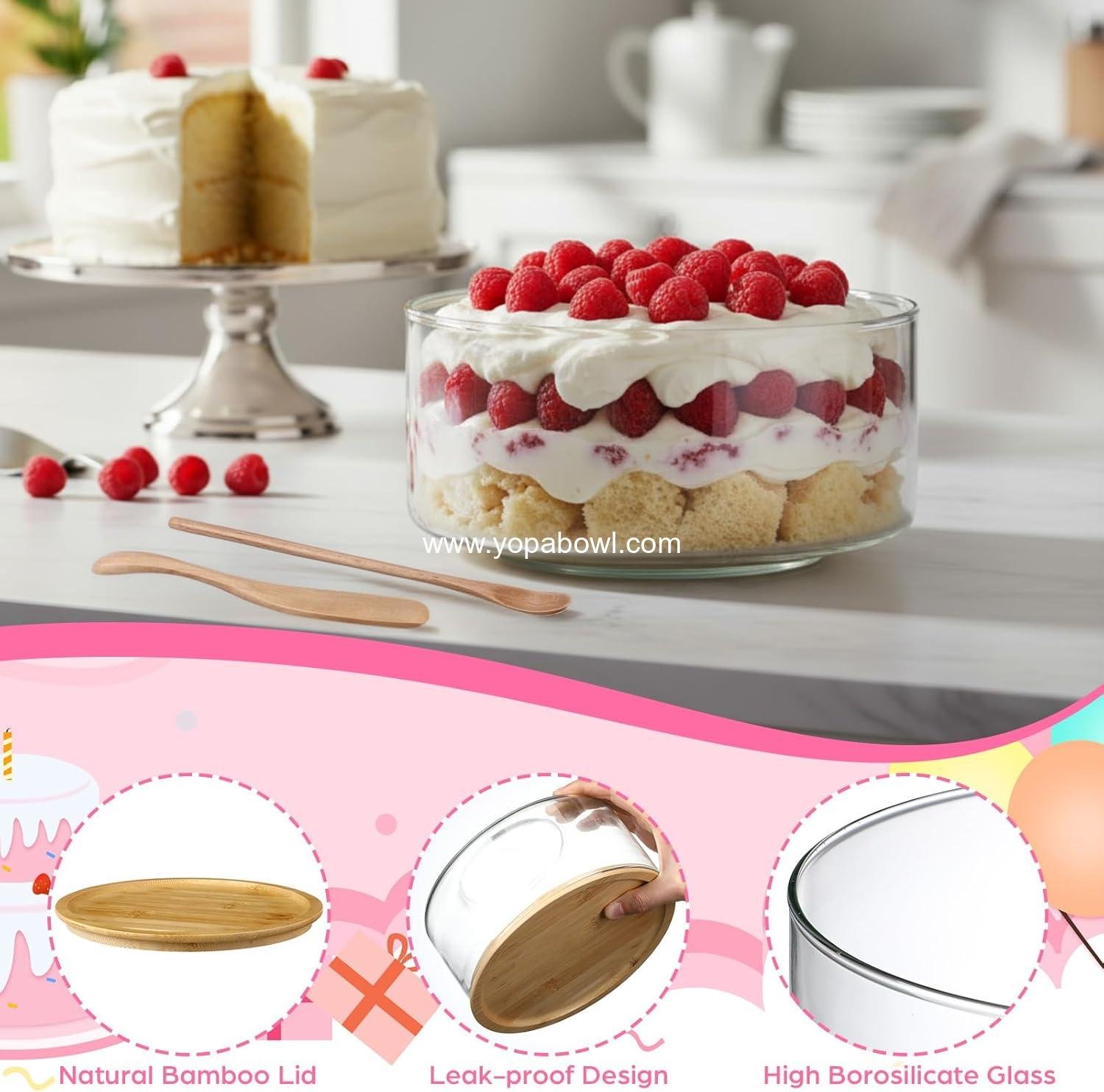 Wholesale 2-Pack 9-Inch and 6.9-Inch Clear Glass Trifle Salad Bowls with Lids 5-Piece Wooden Serving Utensils for Cake Baking Dessert Fruit Party DIY Microwave Dishwasher Safe Factory