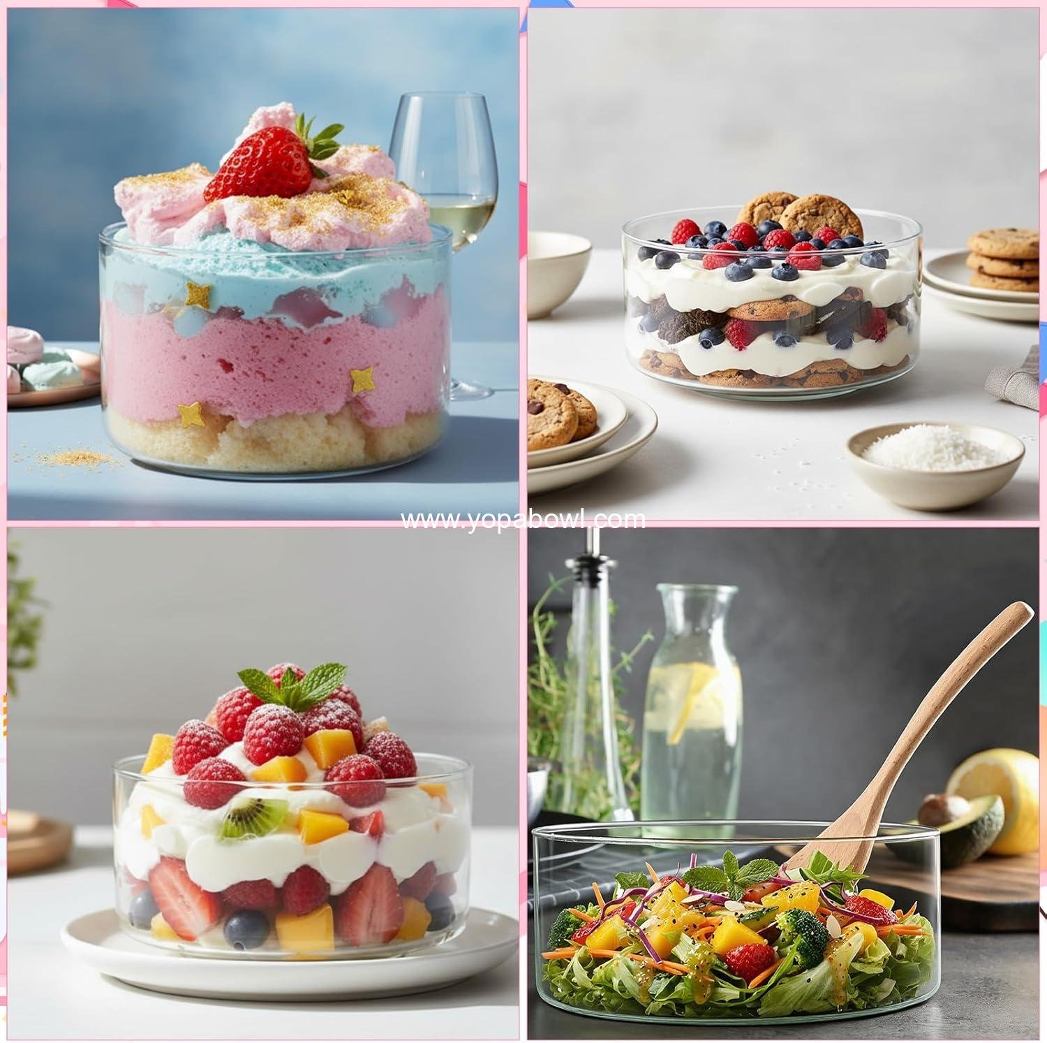 Wholesale 2-Pack 9-Inch and 6.9-Inch Clear Glass Trifle Salad Bowls with Lids 5-Piece Wooden Serving Utensils for Cake Baking Dessert Fruit Party DIY Microwave Dishwasher Safe Factory