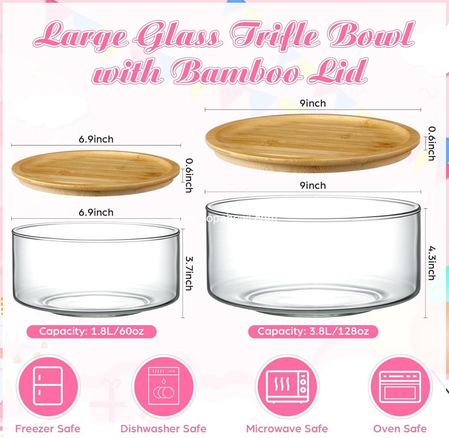 Wholesale 2-Pack 9-Inch and 6.9-Inch Clear Glass Trifle Salad Bowls with Lids 5-Piece Wooden Serving Utensils for Cake Baking Dessert Fruit Party DIY Microwave Dishwasher Safe Factory