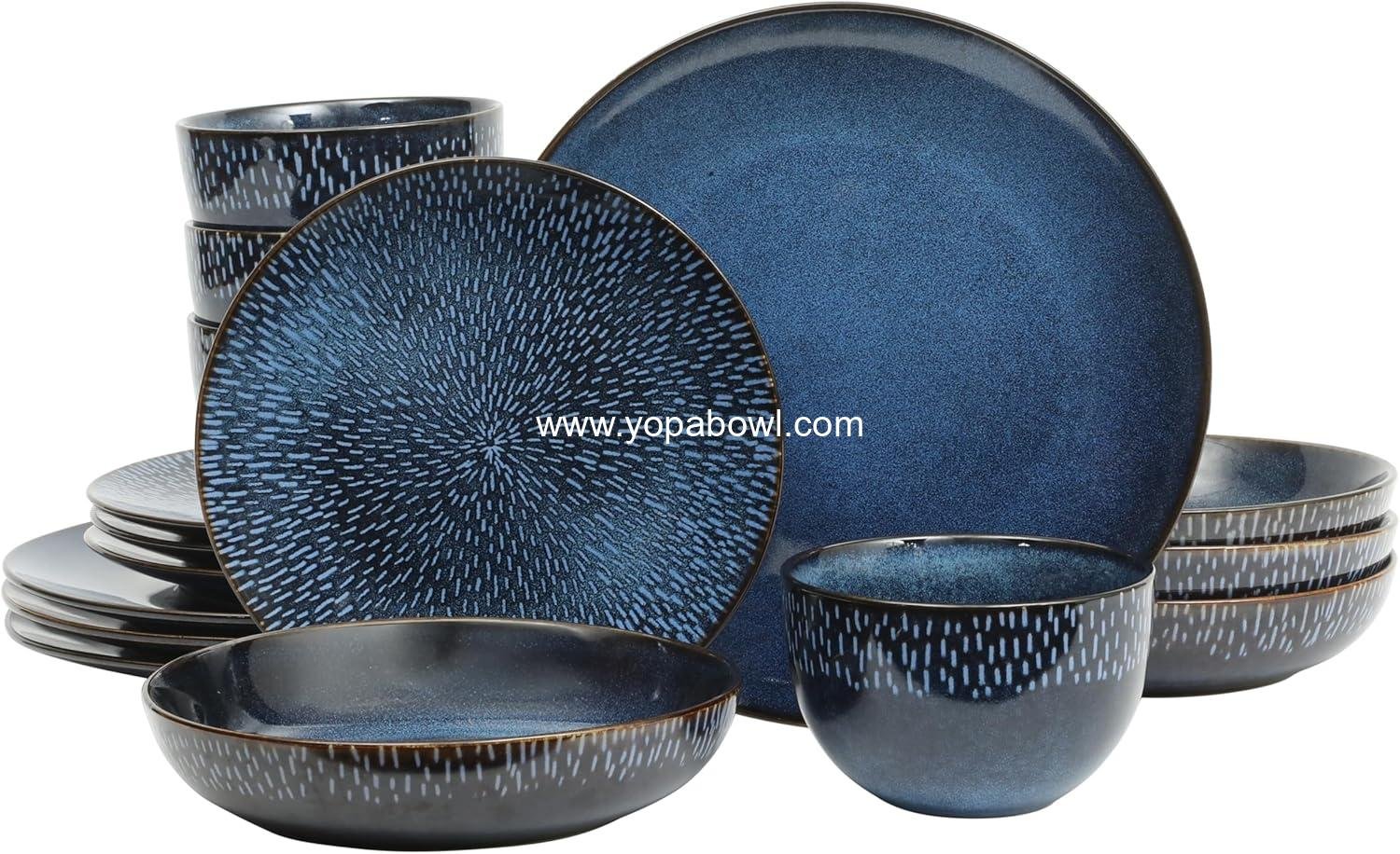 OEM 16-Piece Dinnerware Set - Double Bowl Reactive Glaze Ceramic Stoneware in Blue - Plates and Bowls for 4, Microwave & Dishwasher Safe, Rustic Modern Design Manufacturer OEM 16-Piece Dinnerware Set - Double Bowl Reactive Glaze Ceramic Stoneware in Blue - Plates and Bowls for 4, Microwave & Dishwasher Safe, Rustic Modern Design Manufacturer