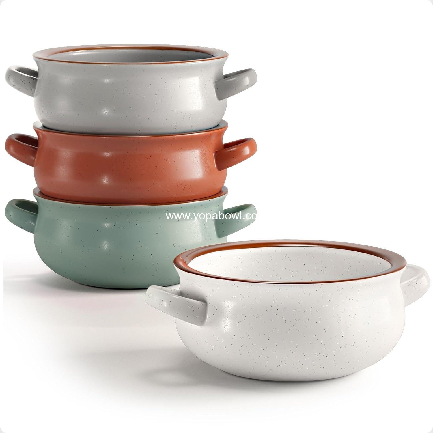 OEM Ceramic Soup Bowls With Handles Set of 4 - 20 oz French Onion Soup Bowls - Oven, Dishwasher & Microwave Safe - Ideal for Chili, Gumbo, Chowder - Soup Bowls With Handle - French Onion Crock Factory
