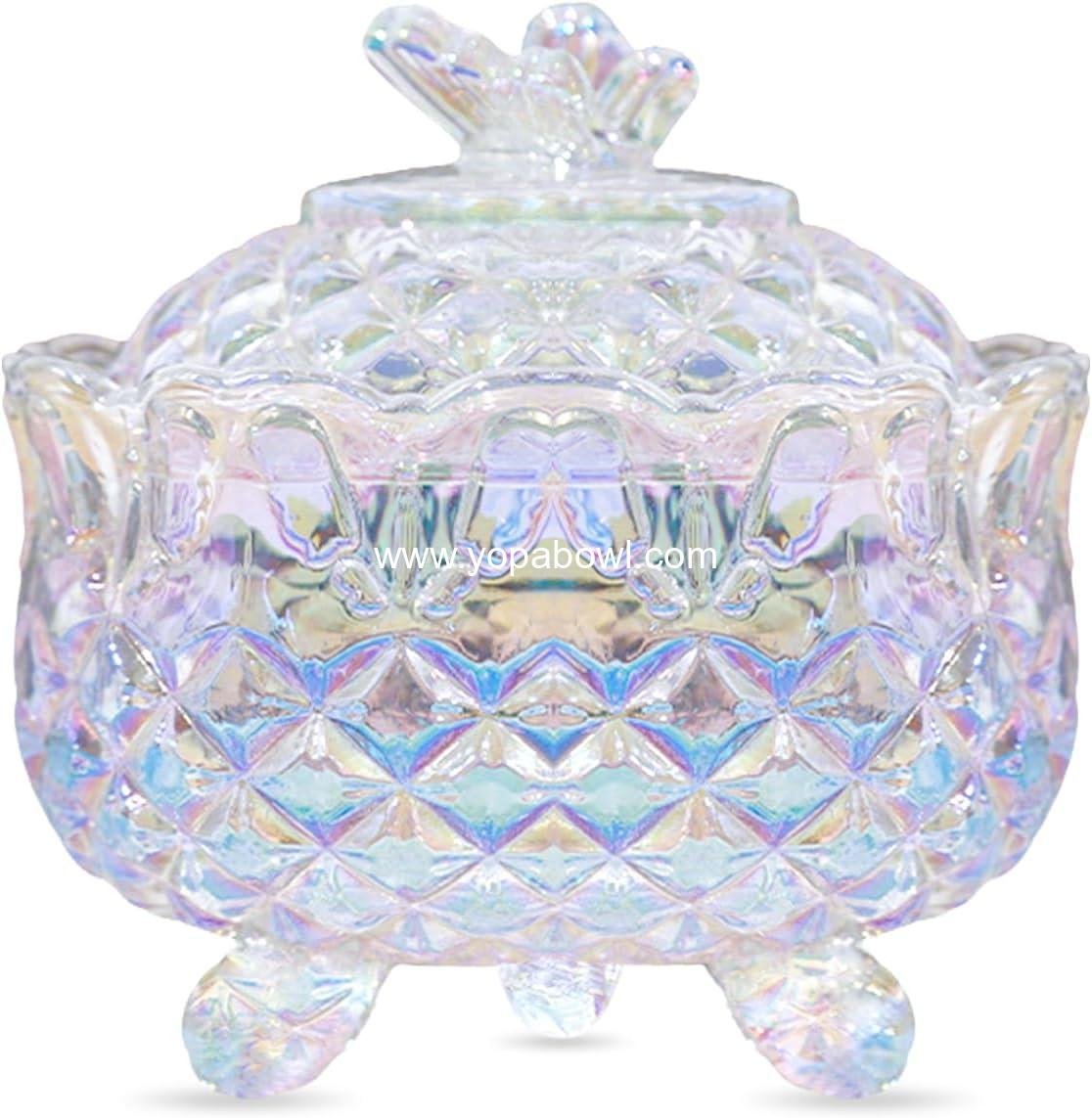 OEM Crystal Sugar Bowl with Butterfly Lid, Vintage Footed Candy Dish, Decorative Glass Jar for Jewelry, Ideal for Office, Bathroom, Weddings, Parties, Gifts for Women, Girls, and Mothers Day, 10oz, Dazzling Colors, Factory