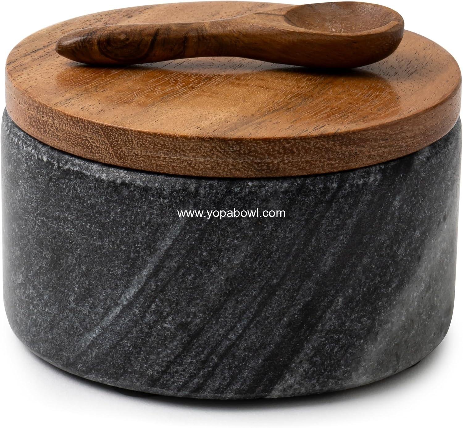 OEM Grey Marble Salt Cellar with Acacia Wood Lid and Spoon - Modern 4” Salt Container for Countertop - Handcrafted Pepper Pot - Wide Non-Skid Foot Factory OEM Grey Marble Salt Cellar with Acacia Wood Lid and Spoon - Modern 4” Salt Container for Countertop - Handcrafted Pepper Pot - Wide Non-Skid Foot Factory