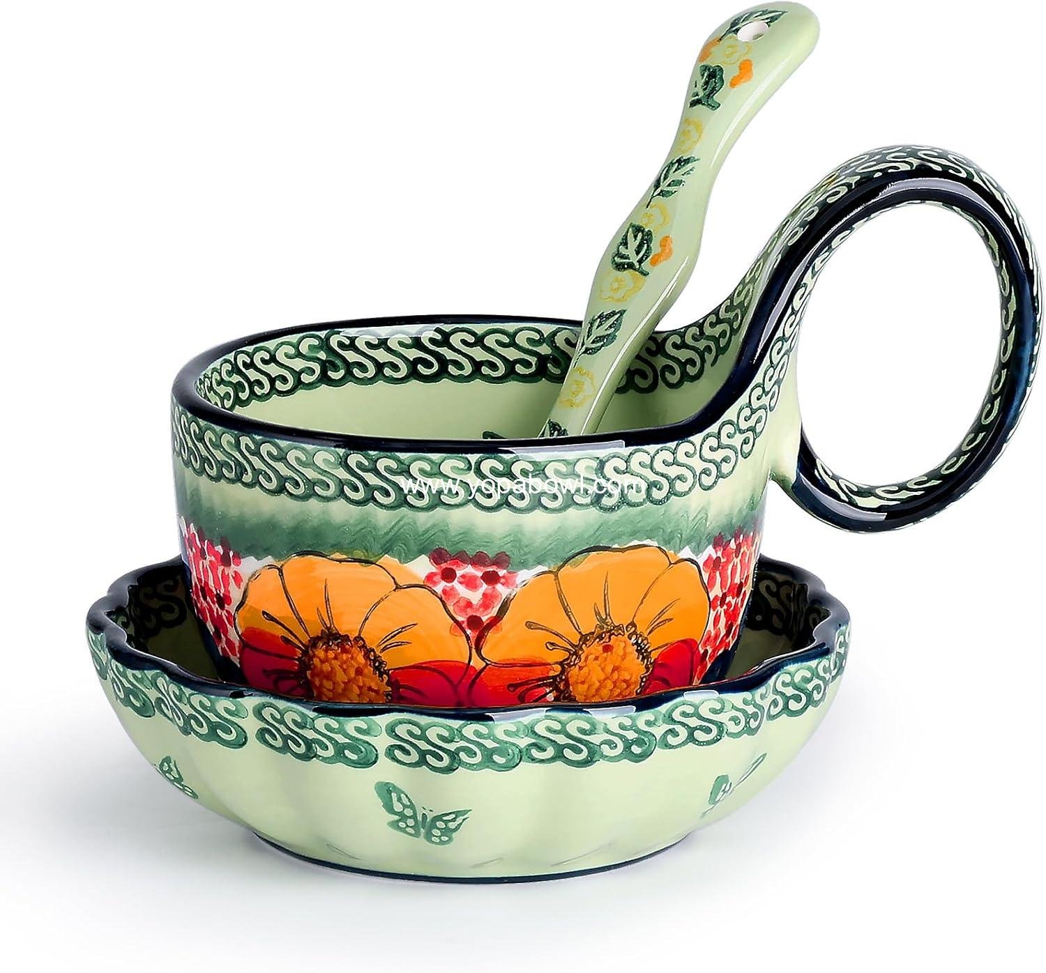 OEM Handmade Ceramic Soup Bowl, Plate, and Spoon Set - Hand Painted Cereal Bowl, Ideal for Soup, Ice Cream, Snacks, and Stew, Gift Box Included, Dishwasher & Microwave Safe, Glazed Green, Wholesale Factory