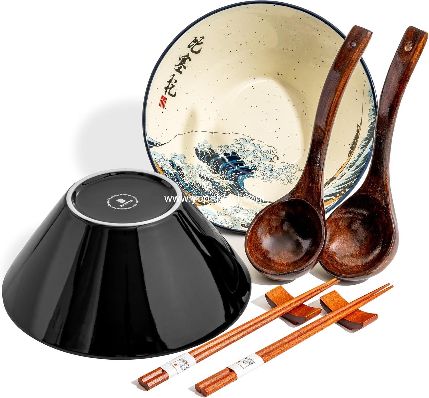 OEM Japanese Ramen Bowl Set - 60oz Large Ceramic Bowls with Great Wave Design, Includes Spoons and Chopsticks for Ramen, Pho, Salad, Poke - Premium Gift for Ramen Lovers - Microwave & Dishwasher Safe - Factory