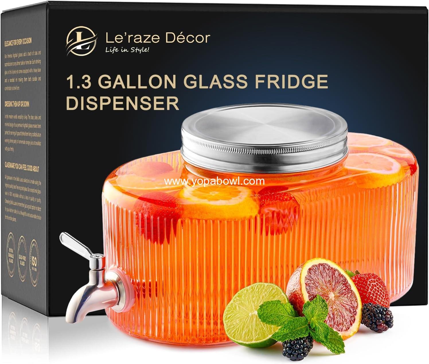 OEM Leakproof 5L Glass Beverage Dispenser Stainless Steel Spigot for Fridge Laundry Detergent Punch Bowl Water Countertop 1.32 Gallon Capacity Factory