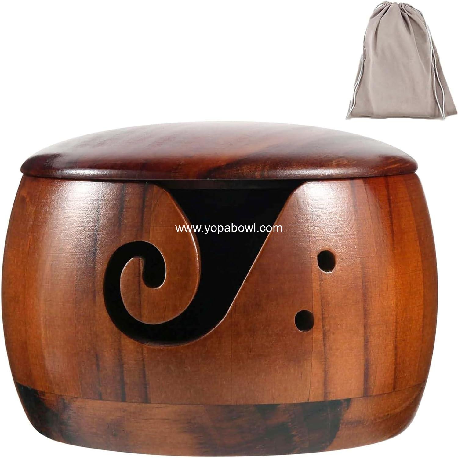 OEM Wooden Yarn Bowl with Lid for Knitting and Crocheting, Handmade Yarn Storage with Storage Bag for DIY Craft, Wholesale Factory