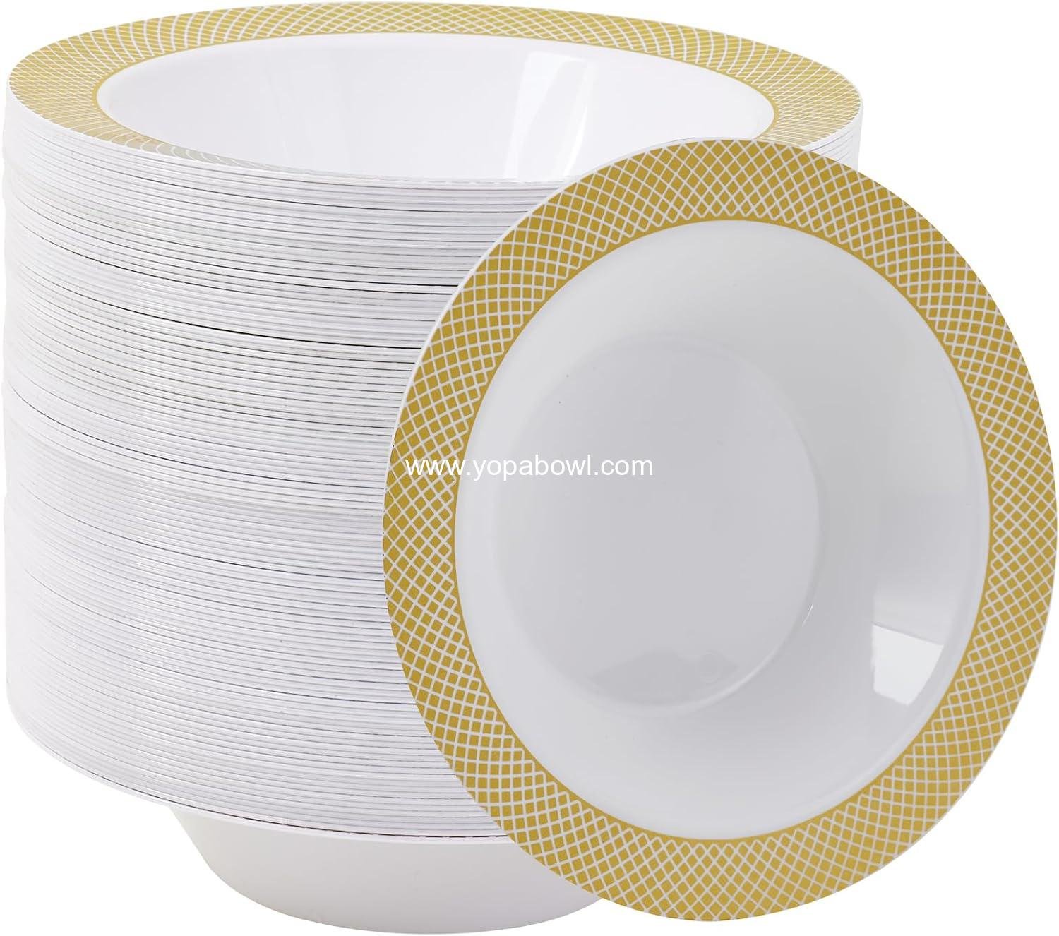 Wholesale 100 Disposable 12oz Heavy Duty Plastic Bowls with Gold Rim for Parties, Dinners, Catering, Thanksgiving, and Everyday Use - Factory Wholesale 100 Disposable 12oz Heavy Duty Plastic Bowls with Gold Rim for Parties, Dinners, Catering, Thanksgiving, and Everyday Use - Factory