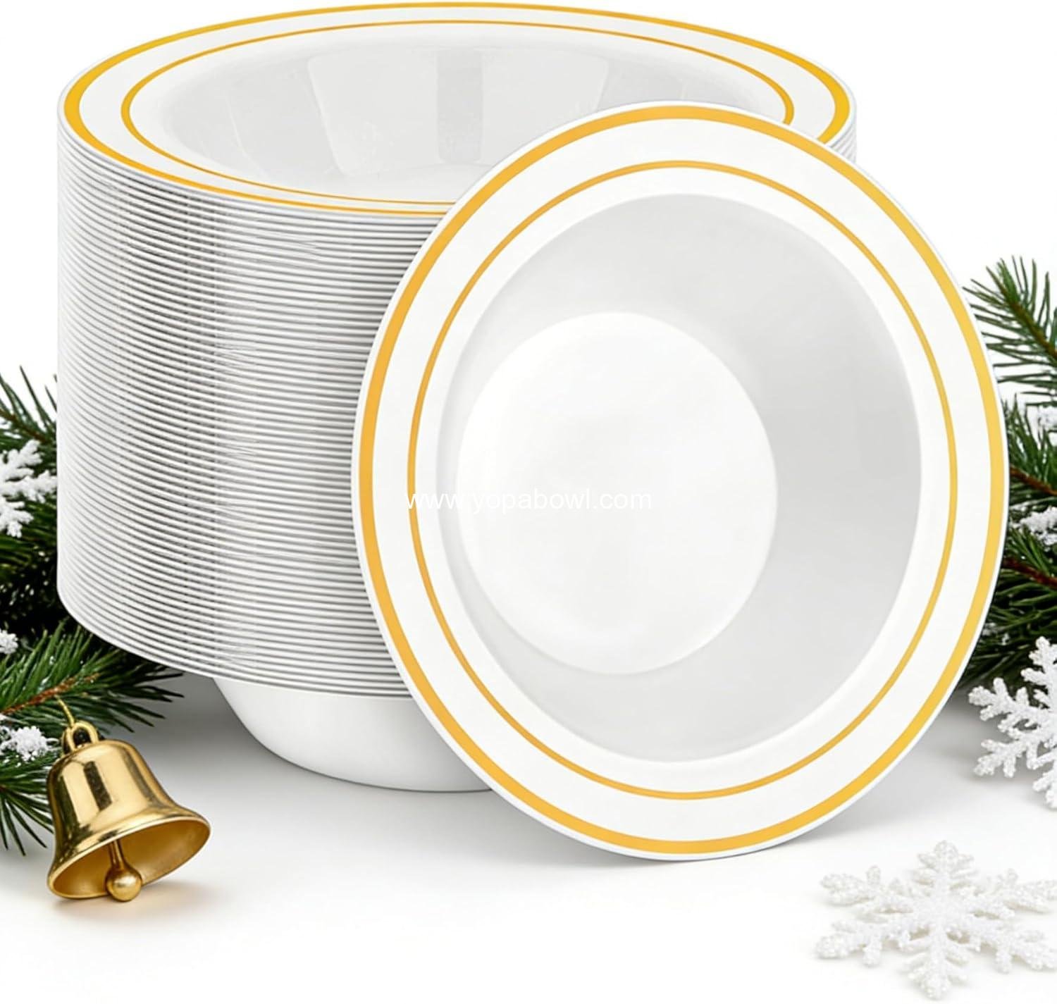 Wholesale 100 Pack Disposable Soup Bowls with Gold Rim, 12oz Heavy Duty Plastic Dinner Bowls for Party, Wedding, and Holiday Factory