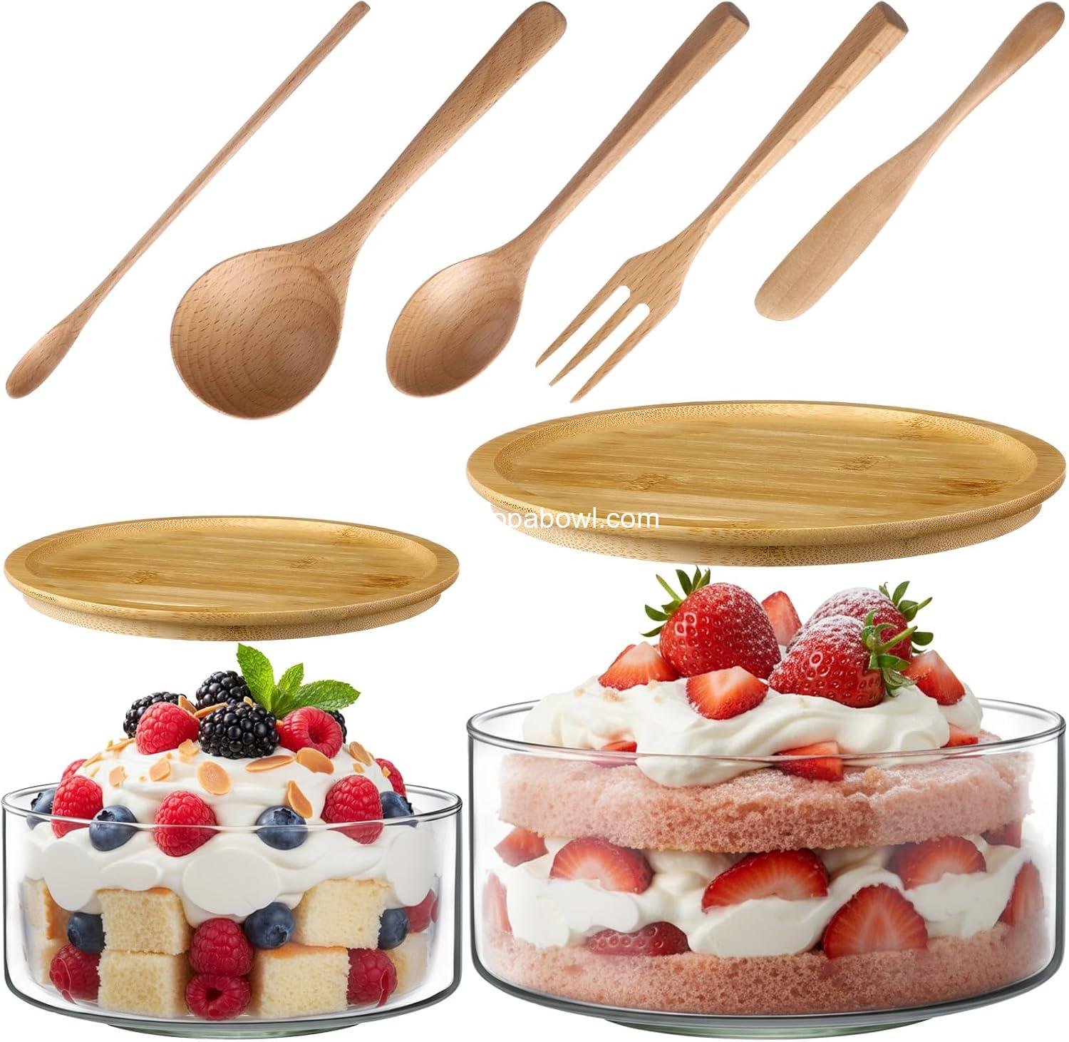 Wholesale 2-Pack 9-Inch and 6.9-Inch Clear Glass Trifle Salad Bowls with Lids 5-Piece Wooden Serving Utensils for Cake Baking Dessert Fruit Party DIY Microwave Dishwasher Safe Factory