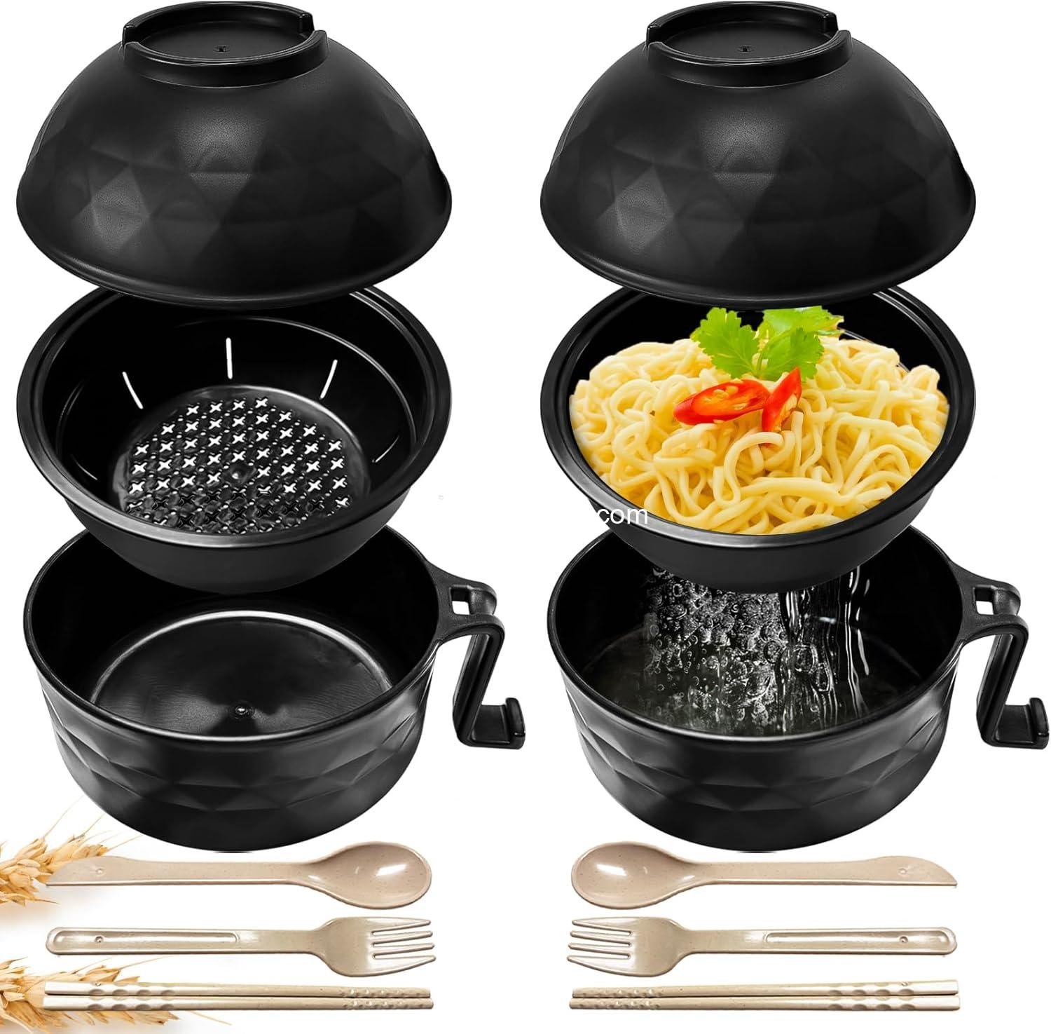 Wholesale 2 Sets Microwave Ramen Bowl Set, Black Noodle Bowl with Lid, Includes Spoon, Chopsticks, and Fork for Home and Office Factory