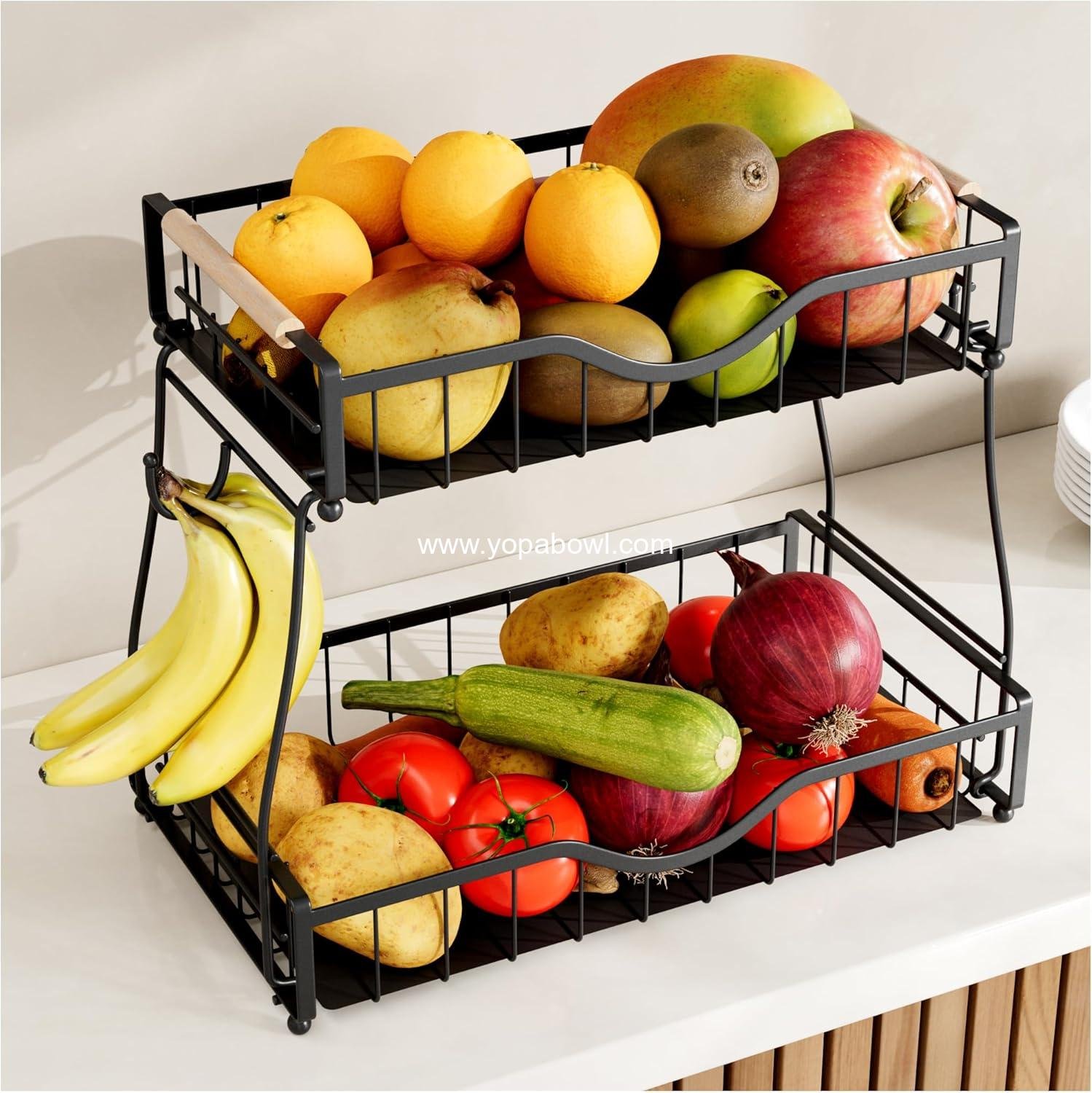Wholesale 2 Tier Fruit Basket for Kitchen Countertop, Detachable Metal Bowl with 2 Banana Hangers, Wooden Handles and Protective Pads, Large Capacity Organizer for Fruits and Vegetables, Black Manufacturer Wholesale 2 Tier Fruit Basket for Kitchen Countertop, Detachable Metal Bowl with 2 Banana Hangers, Wooden Handles and Protective Pads, Large Capacity Organizer for Fruits and Vegetables, Black Manufacturer