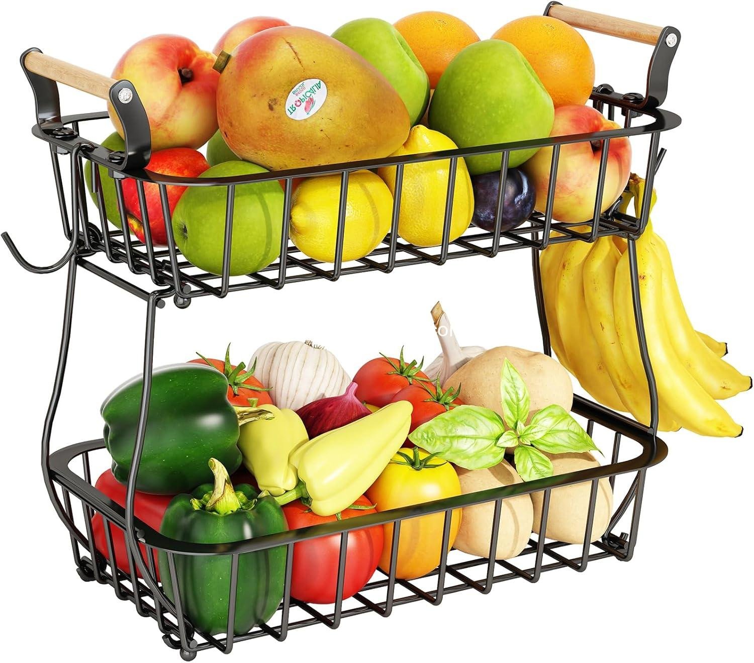 Wholesale 2 Tier Fruit Basket with 2 Banana Hangers, Countertop Vegetable Storage Bowl for Kitchen Counter, Metal Wire Organizer for Fruits, Bread, Snacks, and Veggies - Factory