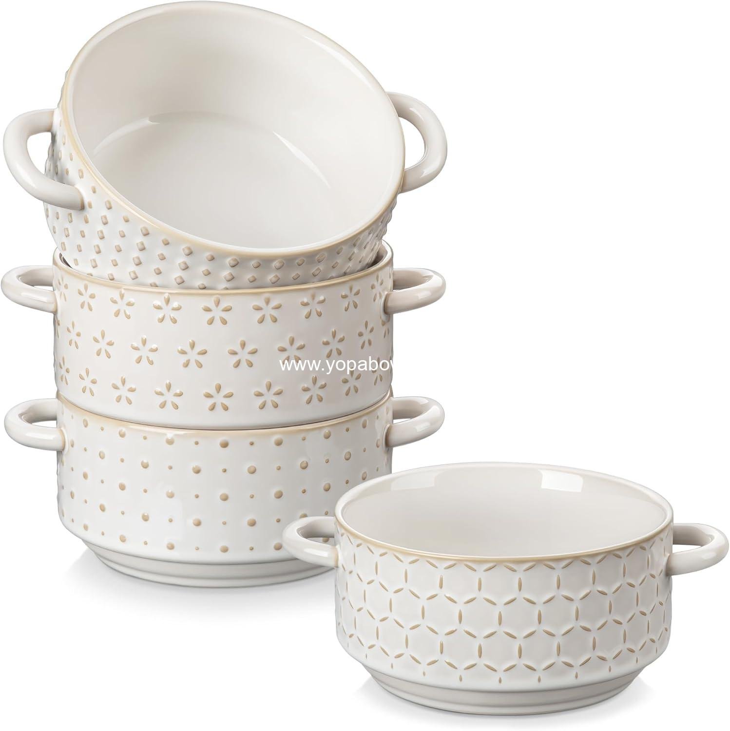 Wholesale 20 oz Ceramic Soup Bowls with Handles, Set of 4 – Oven & Microwave Safe French Onion Bowls with Unique Embossed Patterns, Dishwasher Safe for Soups, Stews & Desserts, Series LYDIA Factory