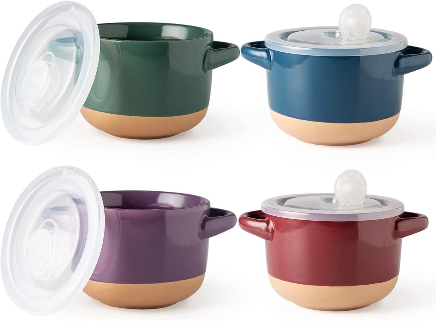 Wholesale 24 Ounce Soup Bowls with Large Handles and Lids, Set of 4 Colorful Stoneware Bowls for Soup, Cereal, Stew, Noodles, Microwave & Dishwasher Safe, Factory Wholesale 24 Ounce Soup Bowls with Large Handles and Lids, Set of 4 Colorful Stoneware Bowls for Soup, Cereal, Stew, Noodles, Microwave & Dishwasher Safe, Factory