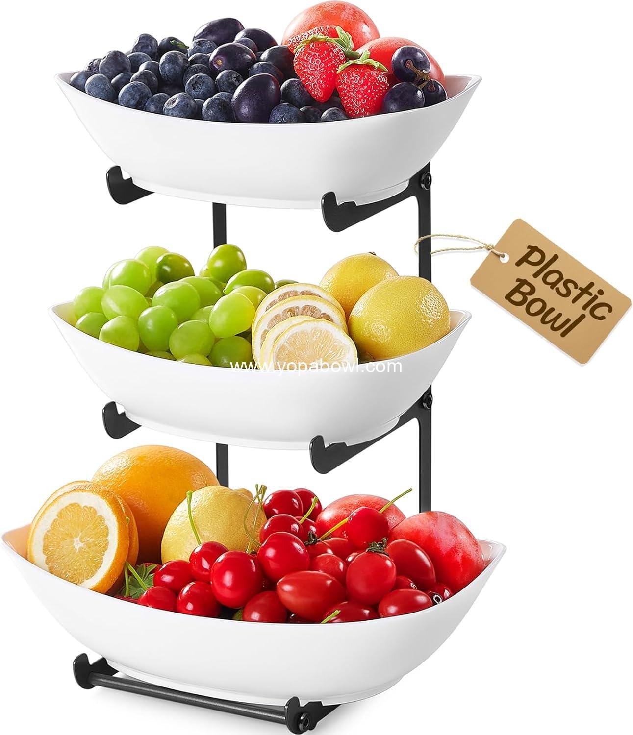 Wholesale 3-Tier Plastic Fruit Bowl Basket for Kitchen Countertop with Black Metal Stand - Serving Tray for Food, Vegetables, Cakes, Desserts at Party Factory