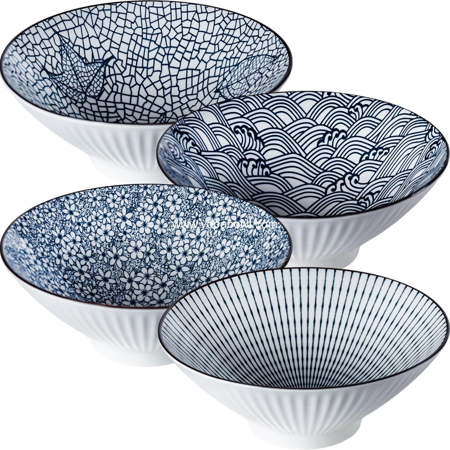 Wholesale 38 oz Ramen Bowls Set of 4, Large 8 Inch Ceramic Soup Bowls in Blue and White Mixing Pattern - Factory