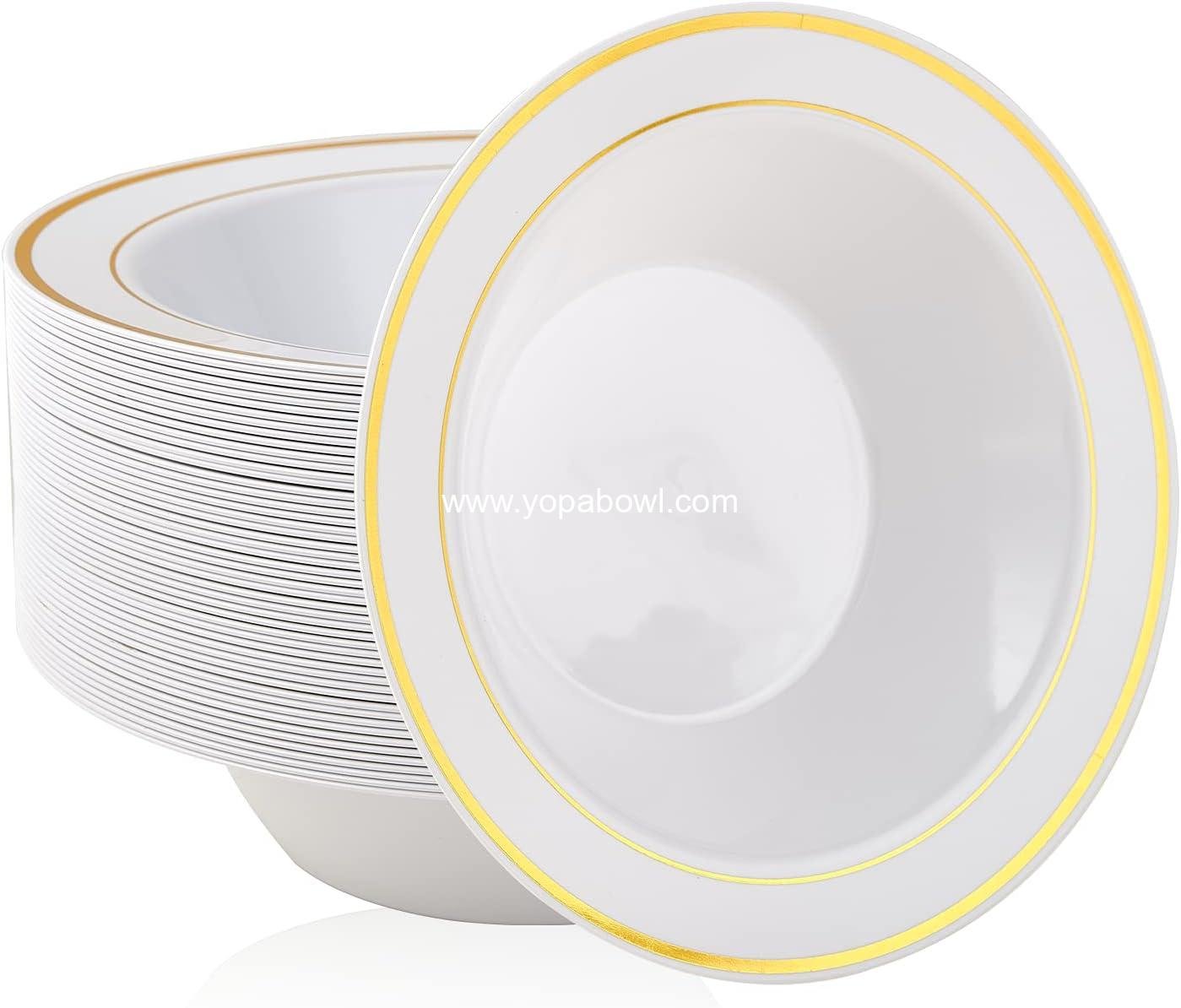 Wholesale 50PCS Plastic Bowls with Gold Rim - 12oz Disposable Soup Bowls, Premium Dessert and Salad Bowls for Weddings and Parties - Factory
