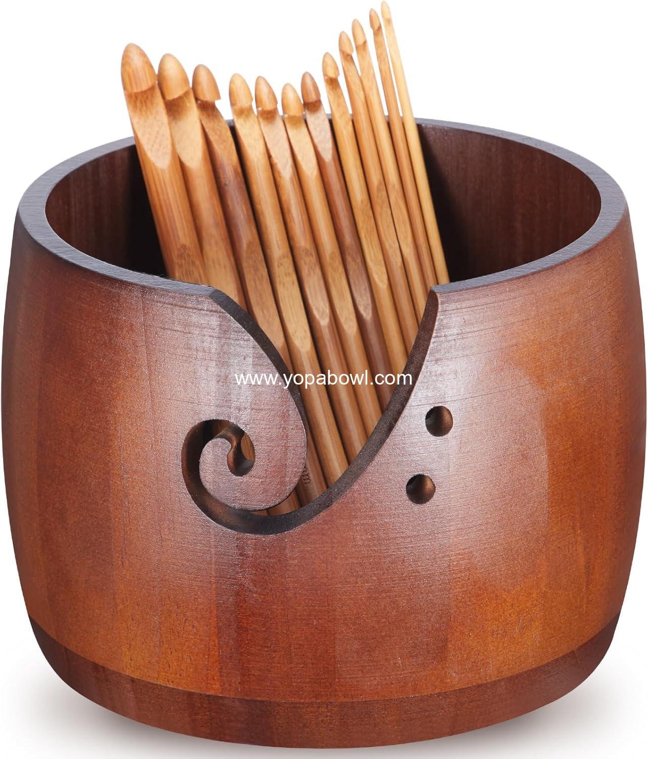 Wholesale 6.7 x 6.7 x 4.7 Inch Wooden Yarn Bowl for Crocheting and Knitting with 12 Crochet Hooks for DIY Crafts Tools (Dark Brown) Factory