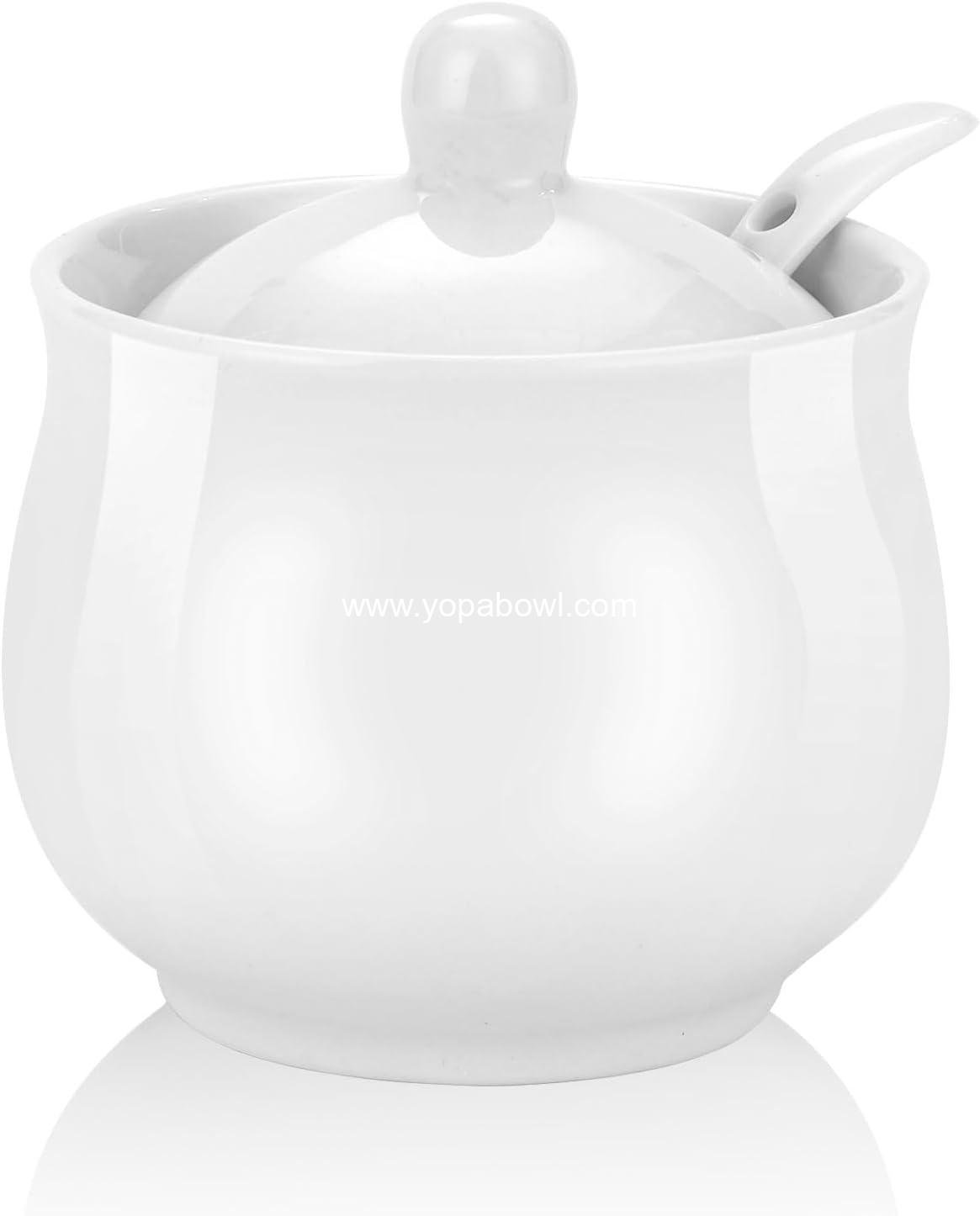 Wholesale 7oz Farmhouse White Ceramic Sugar Bowl with Lid and Spoon, Porcelain Condiment Pot for Seasoning, Salt Container Jar for Coffee Table, Factory