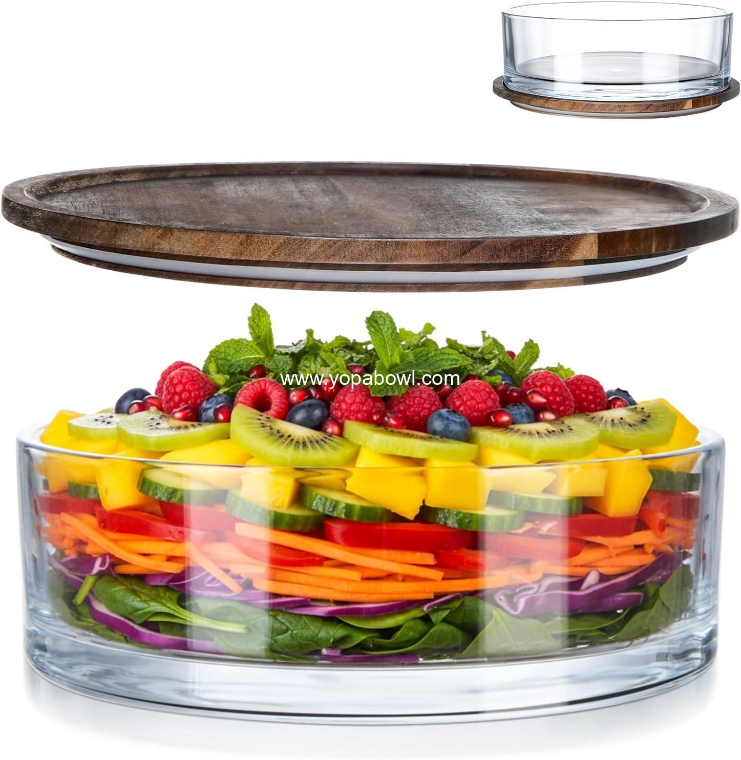 Wholesale 9.6 Inch Large Salad Bowl with Acacia Wood Lid, Thick Glass Mixing and Serving Dish for Dessert, Fruit, Pasta, Ice Cream, Cake, Baking, Dishwasher Safe, Manufacturer