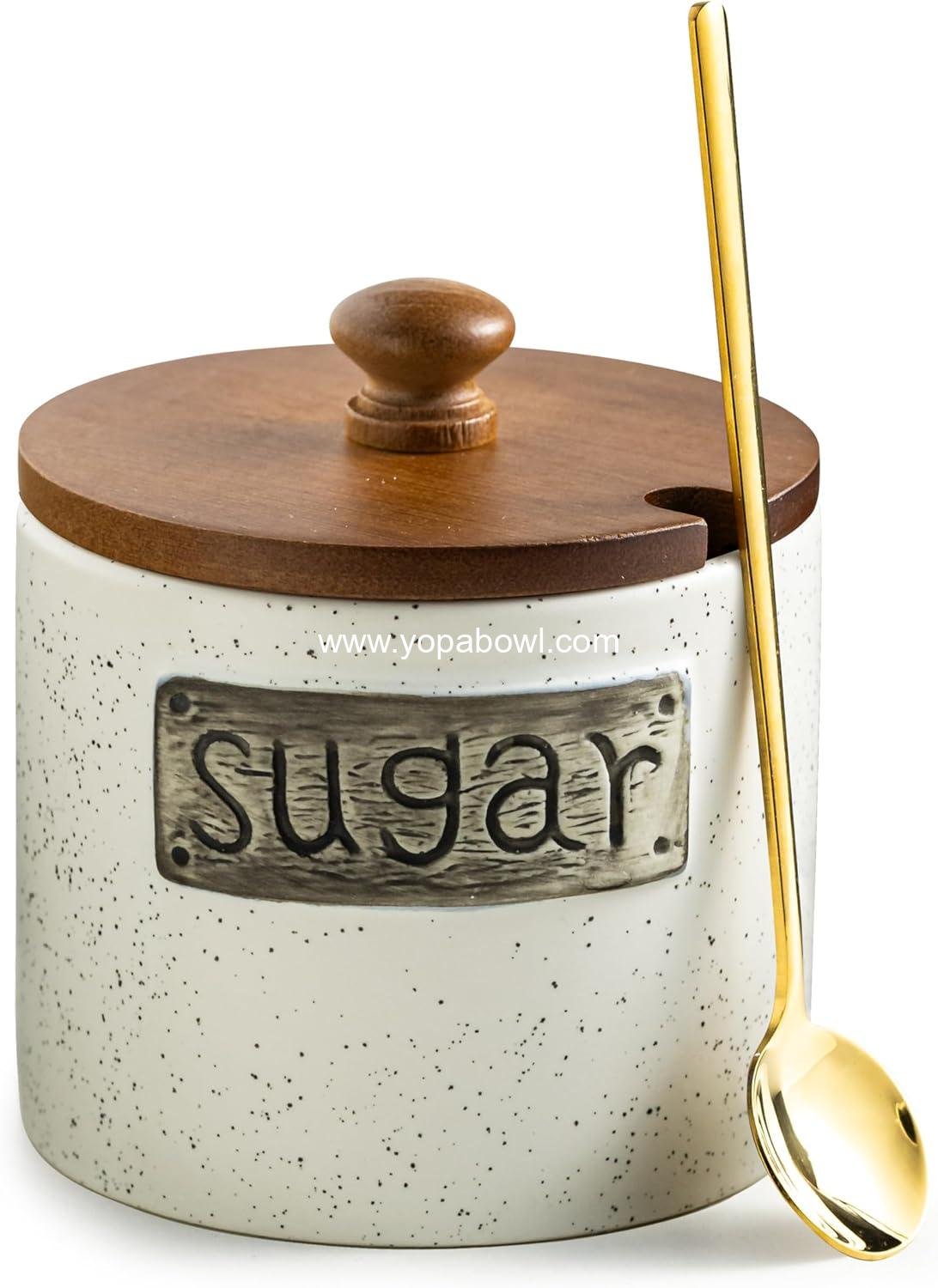 Wholesale Ceramic Sugar Bowl with Lid and Spoon, 15 OZ Sugar Holder for Coffee Bar Accessories, Sugar Jar for Countertop, Azucarera Farmhouse Kitchen, Factory