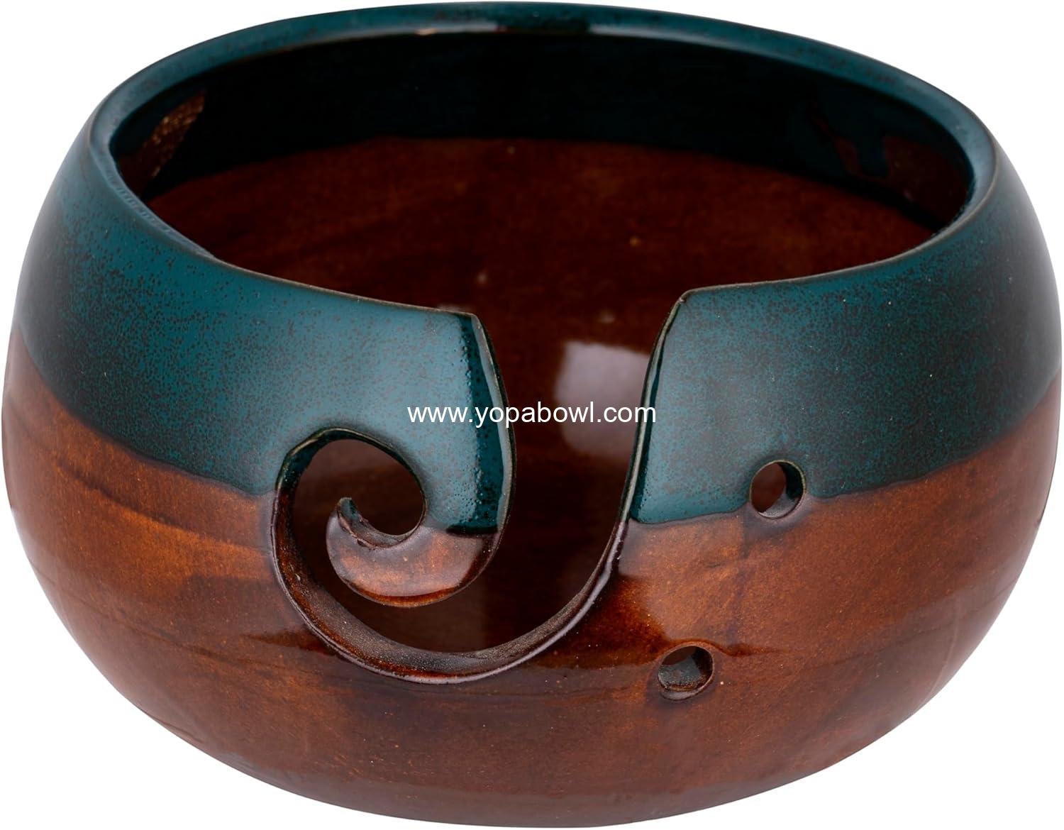 Wholesale Ceramic Yarn Bowl for Knitting and Crochet, Large Handmade Yarn Holder (Brown/Green) Factory