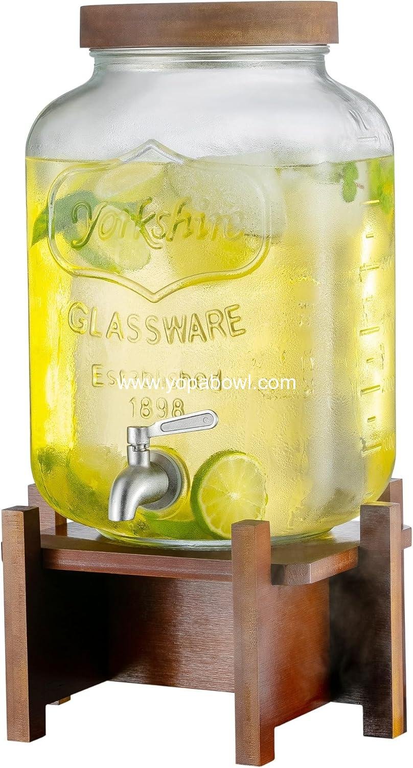 Wholesale Drink Dispenser with Acacia Wood Stand and Lid, 2 Gallon Glass Beverage Dispenser with Stainless Steel Spigot for Parties, Picnics, Barbecues, Lemonade, Ice Coffee, Laundry Detergent Dispenser, Factory