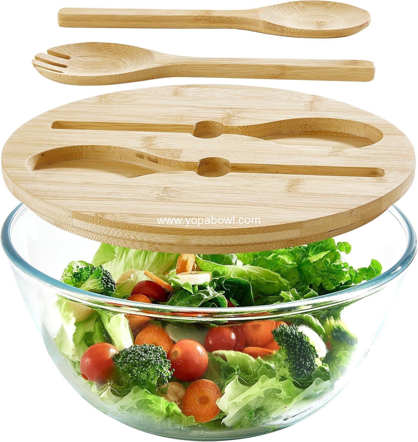 Wholesale Glass Salad Bowl with Lid, 4.7 Quart Large Thick Glass Fruit Bowl with Bamboo Utensils, 10.7 Inch Trifle Bowl for Salad, Pasta, Dessert, Microwave Safe Factory Wholesale Glass Salad Bowl with Lid, 4.7 Quart Large Thick Glass Fruit Bowl with Bamboo Utensils, 10.7 Inch Trifle Bowl for Salad, Pasta, Dessert, Microwave Safe Factory