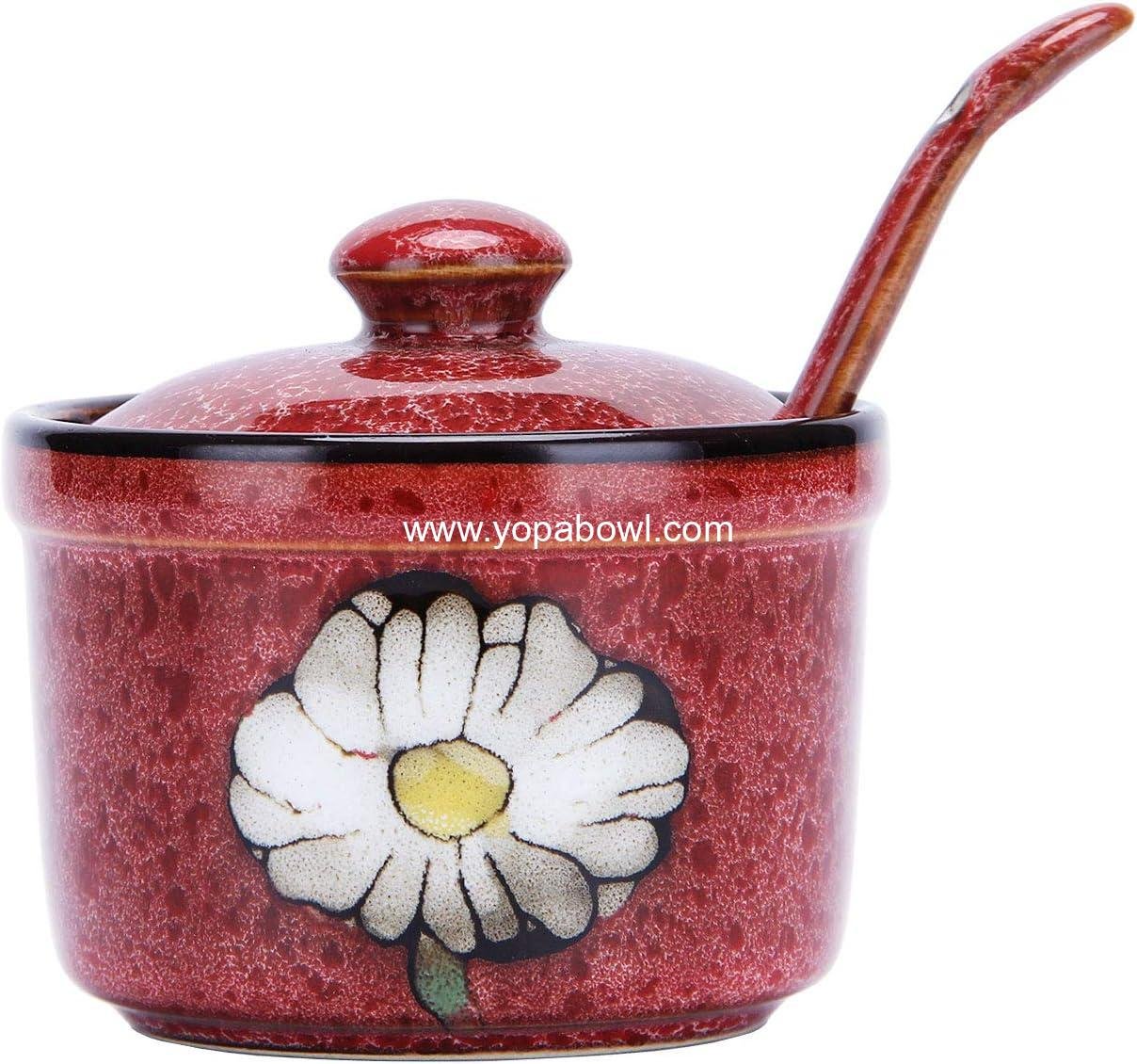 Wholesale Hand Painted Flower Ceramic Round Sugar Bowl and Spice Container with Spoon, Porcelain Condiment Jar, Factory