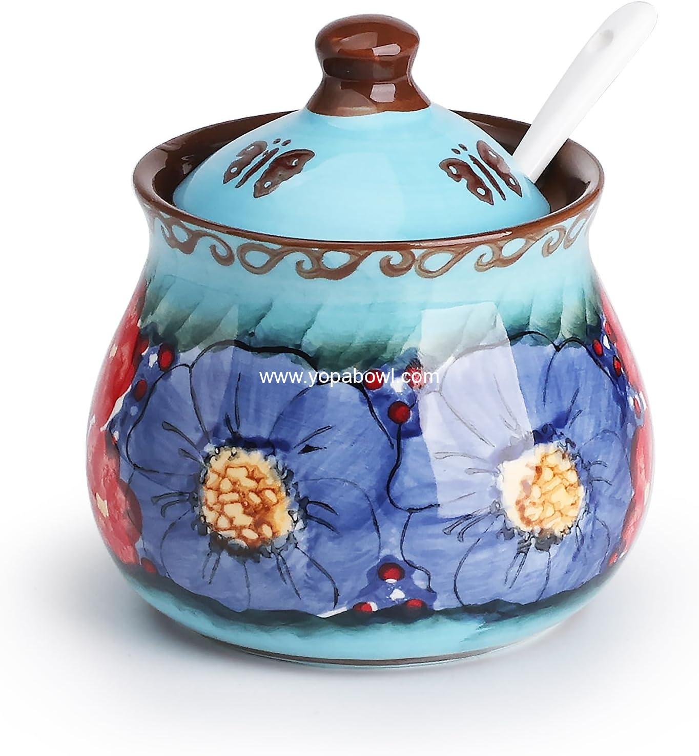 Wholesale Hand-Painted Sugar Bowl with Lid and Spoon, 9 oz Ceramic Sugar Jar for Home, Kitchen Decor, Oven, Dishwasher & Microwave Safe, Glazed Blue - Factory