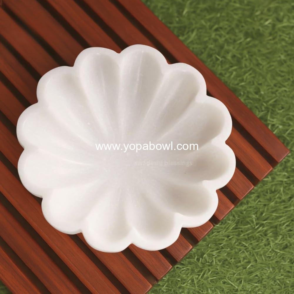Wholesale Handcrafted Marble Decorative Bowl | White Ruffle Scalloped Fluted Key/Fruit Ring Dish | Organic Modern Home Decor (6 Inches) - Factory