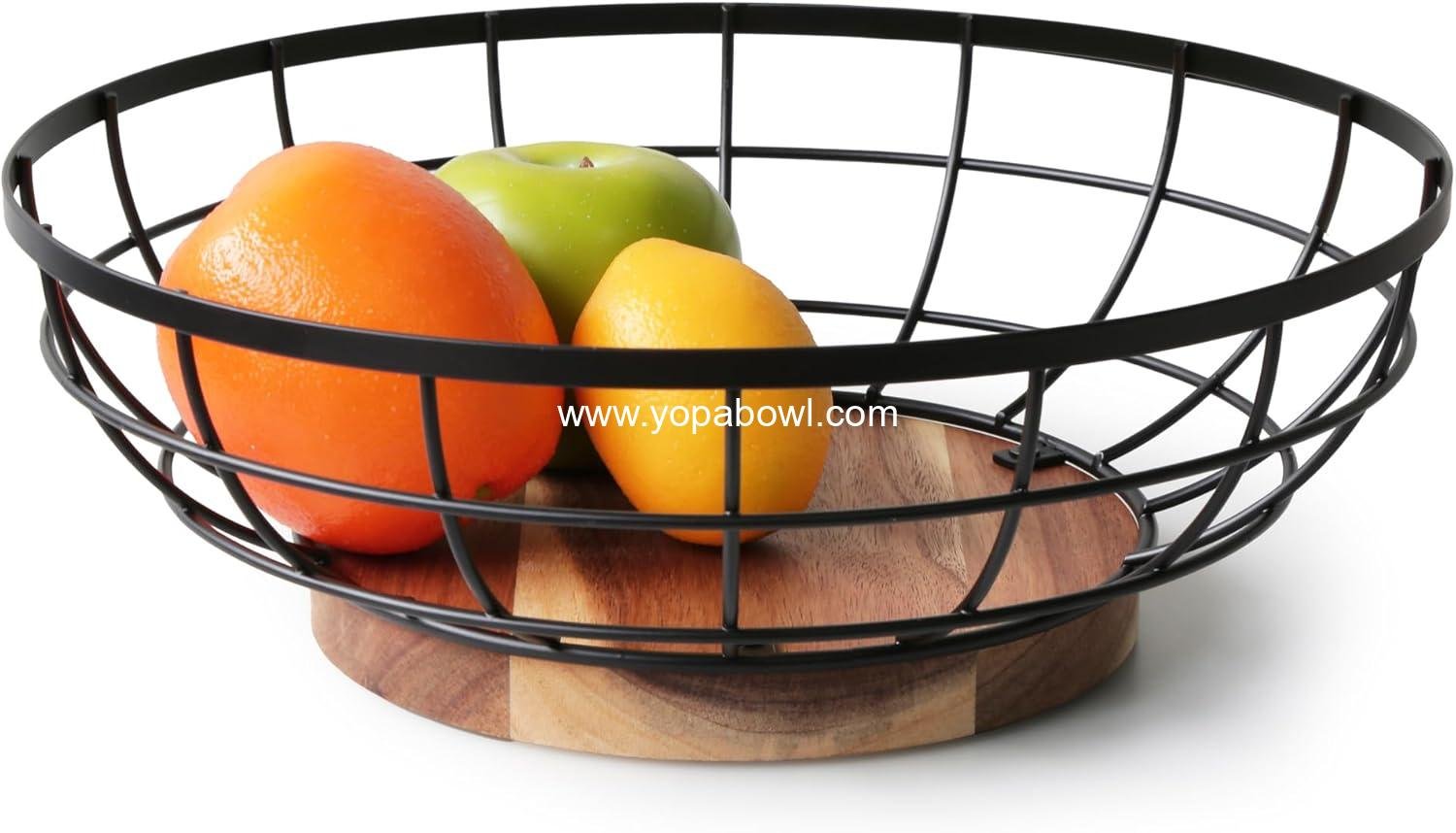 Wholesale Large 12-Inch Black Wire Fruit Basket with Acacia Wood Base - Versatile Bowl for Storing Fruits, Breads, and Vegetables - Factory Wholesale Large 12-Inch Black Wire Fruit Basket with Acacia Wood Base - Versatile Bowl for Storing Fruits, Breads, and Vegetables - Factory